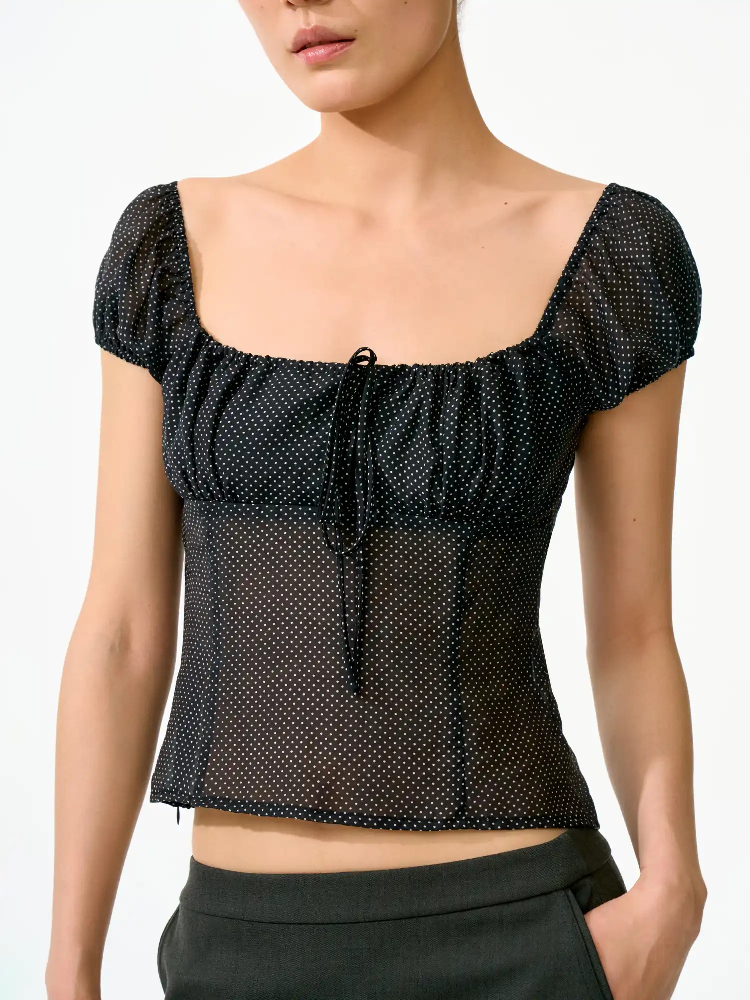 Ruched Bustier-Style Polka Dot Cropped Blouse - Image 9