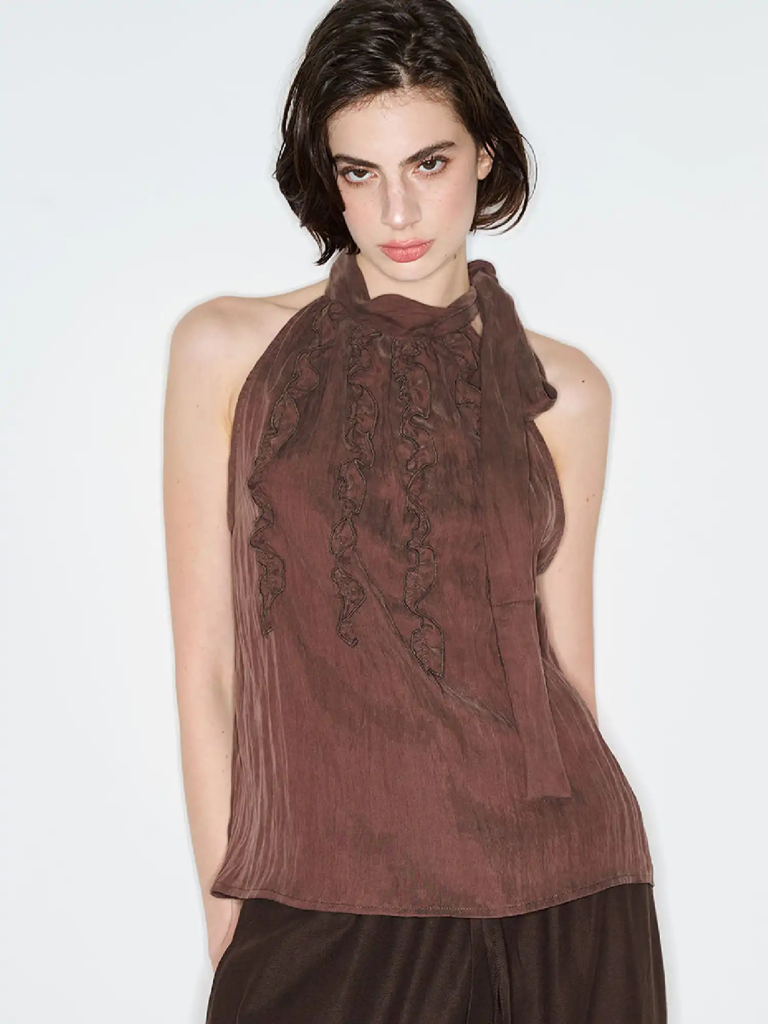 Ruffle-Front Tie High Neck Halter Top
