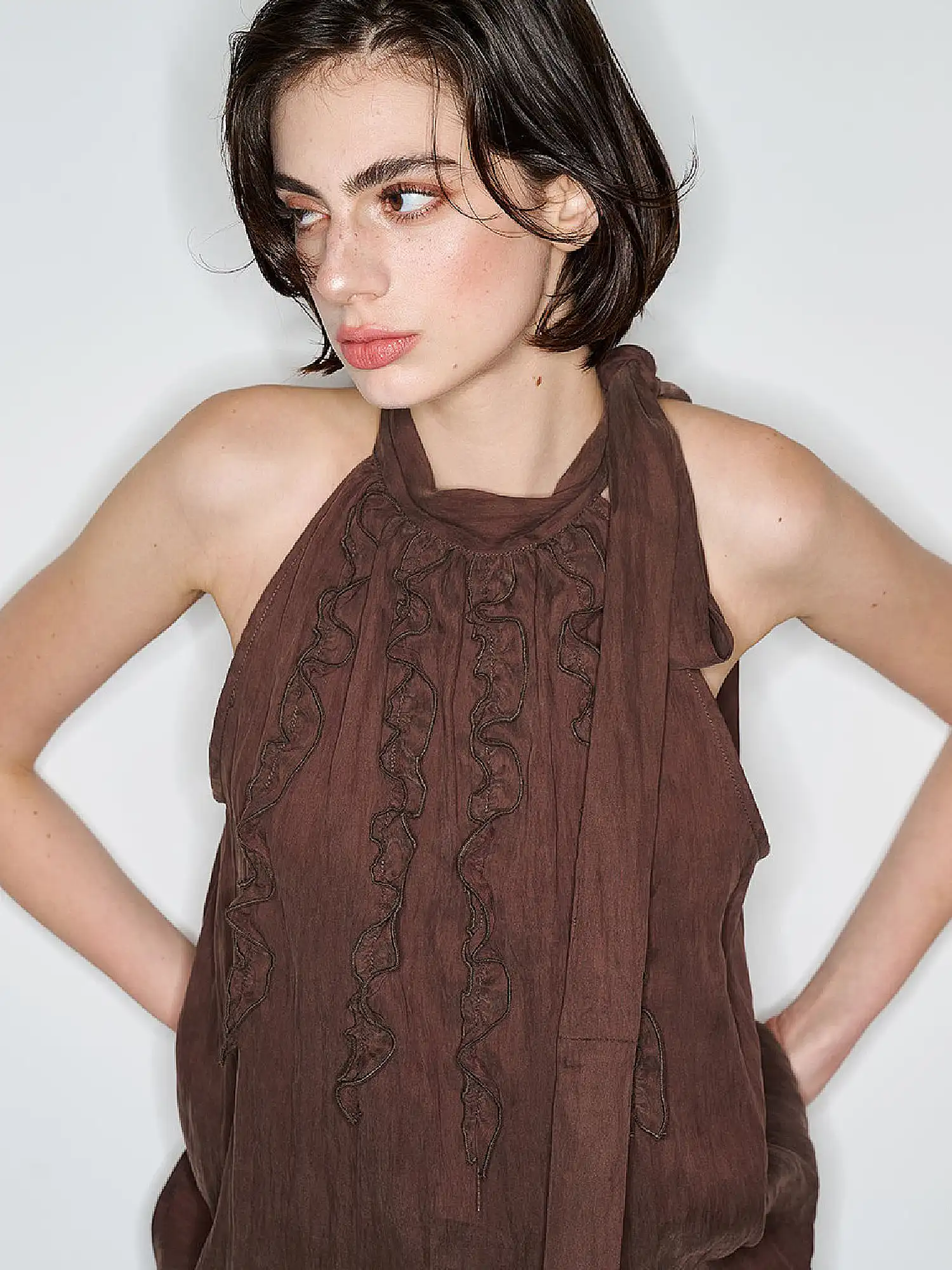 Ruffle-Front Tie High Neck Halter Top - Image 3