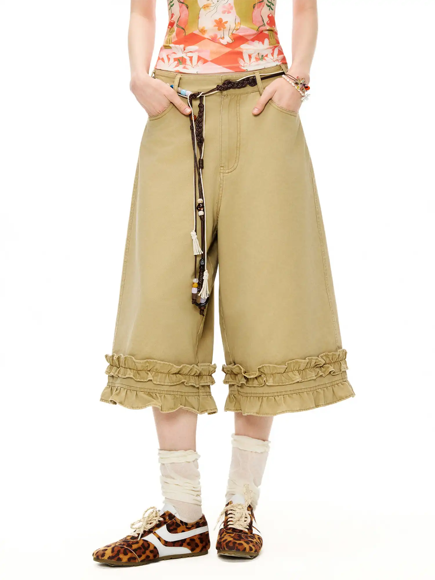 Ruffle Hem Khaki Wide-Leg Cropped Pants - Image 2