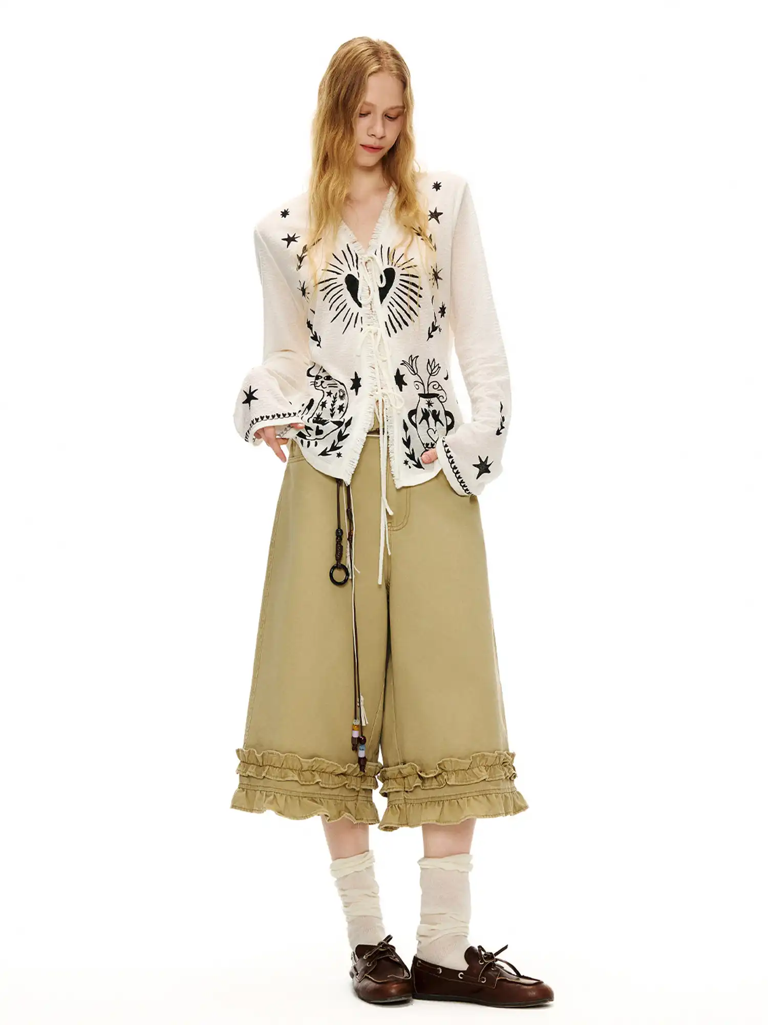 Ruffle Hem Khaki Wide-Leg Cropped Pants - Image 6