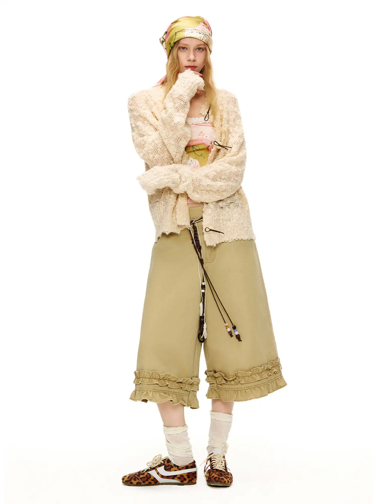 Ruffle Hem Khaki Wide-Leg Cropped Pants - Image 7