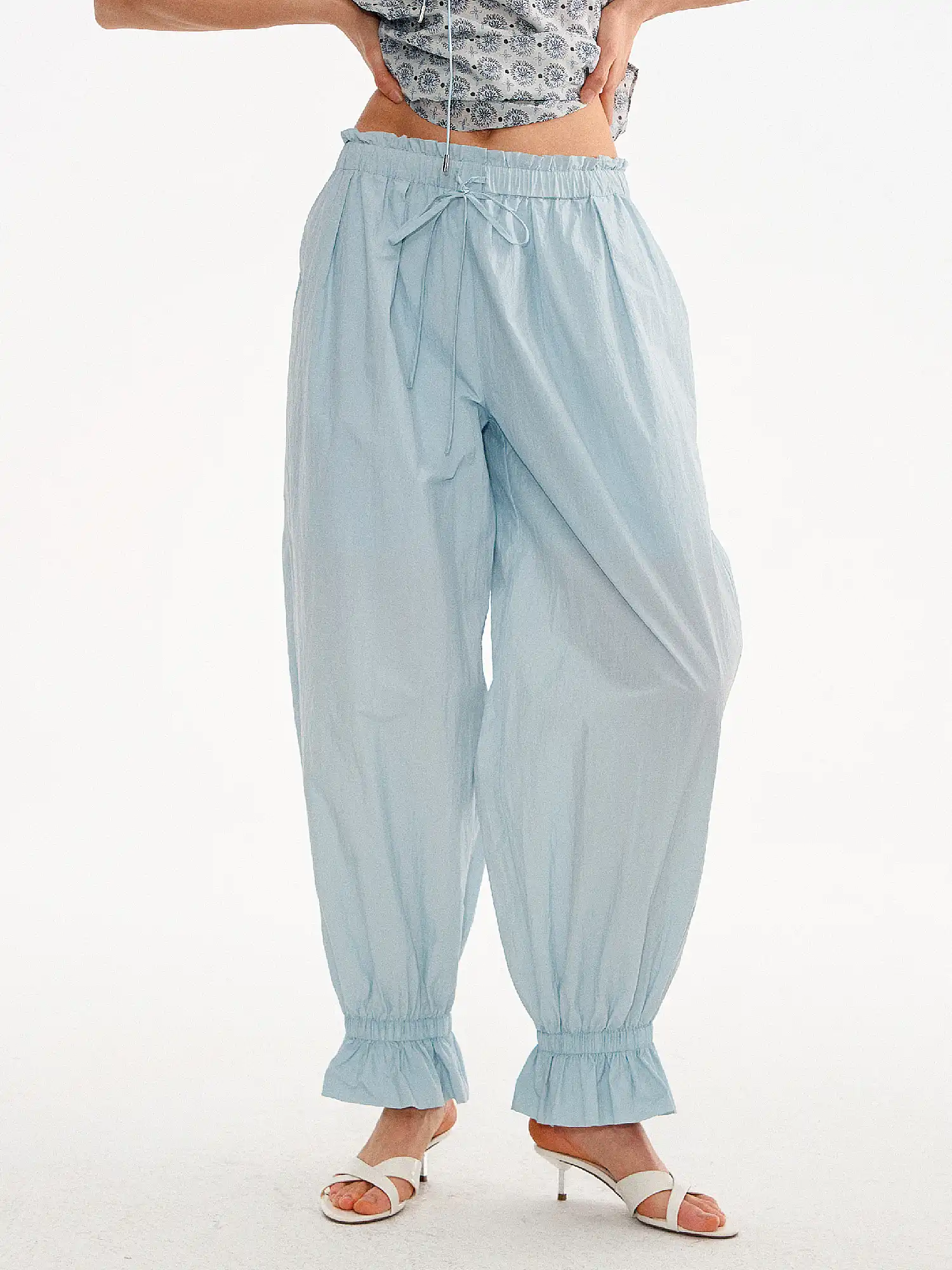 Ruffle Shirred Waist Lightweight Balloon Pants