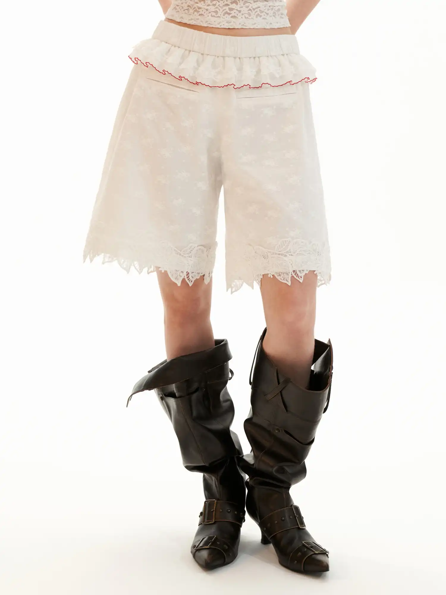 Ruffle Waist Eyelet Embroidered High-Waist Shorts