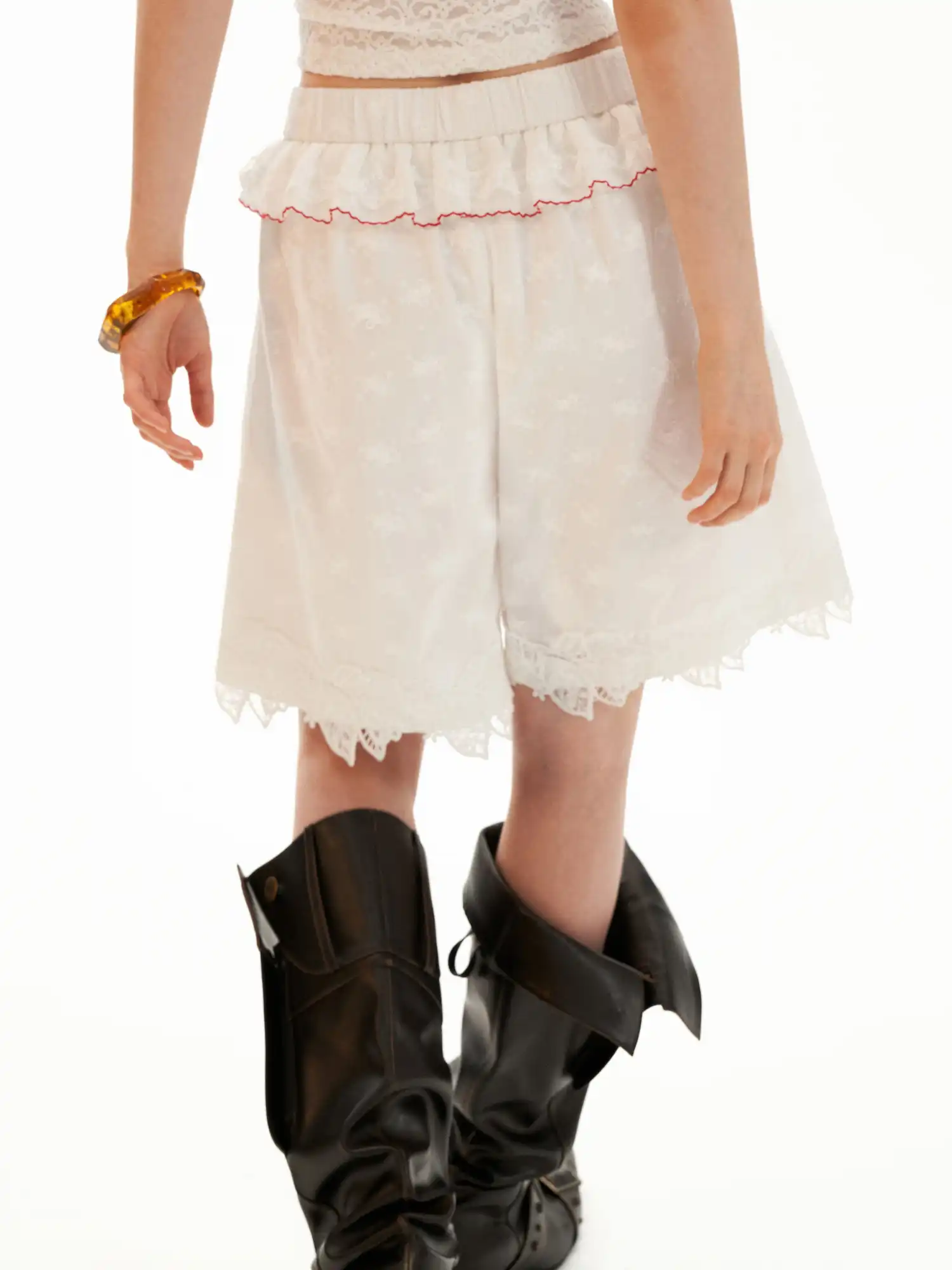Ruffle Waist Eyelet Embroidered High-Waist Shorts - Image 3
