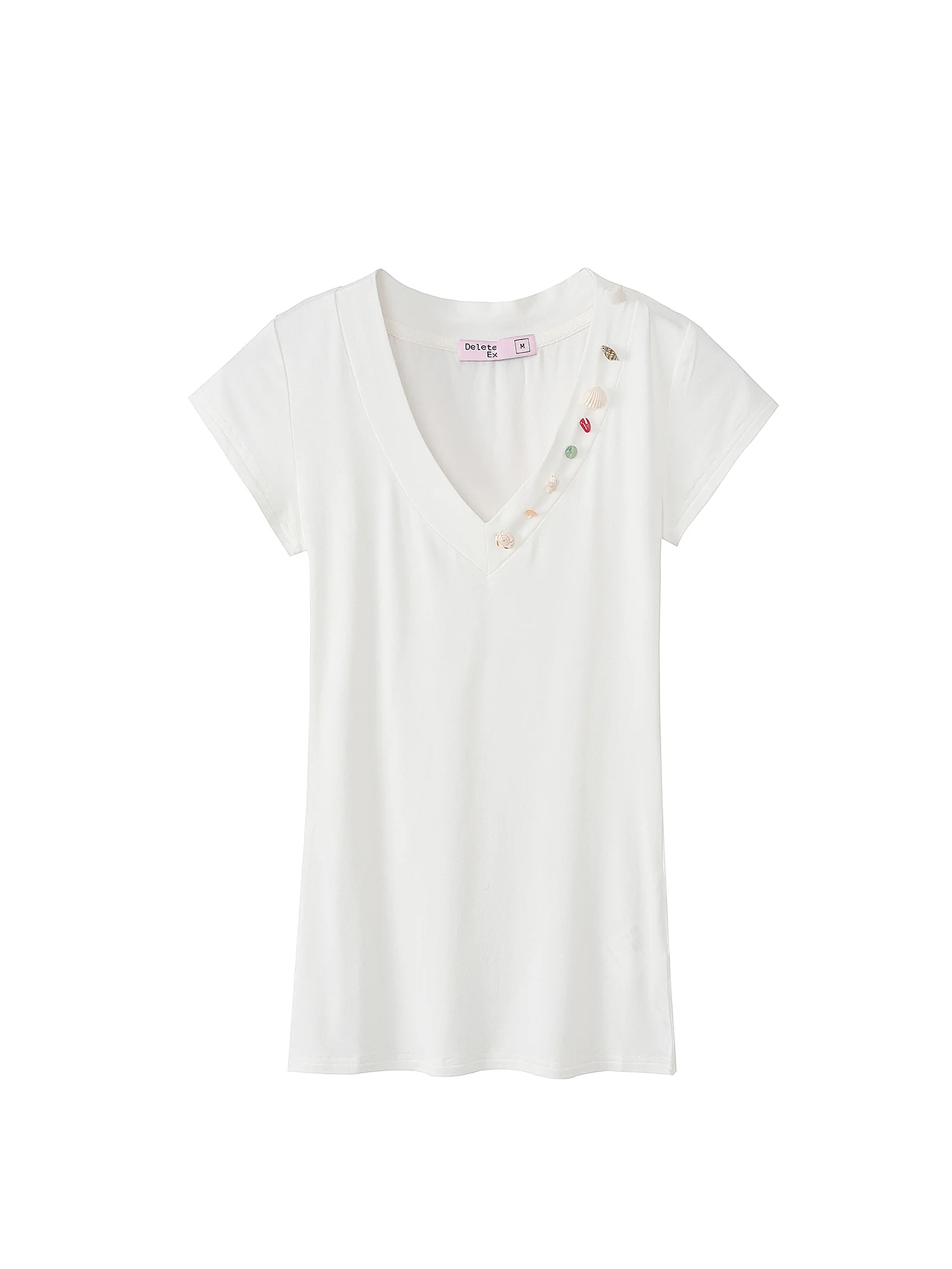 Seashell Embellished V-Neck Cropped White Tee - Image 4