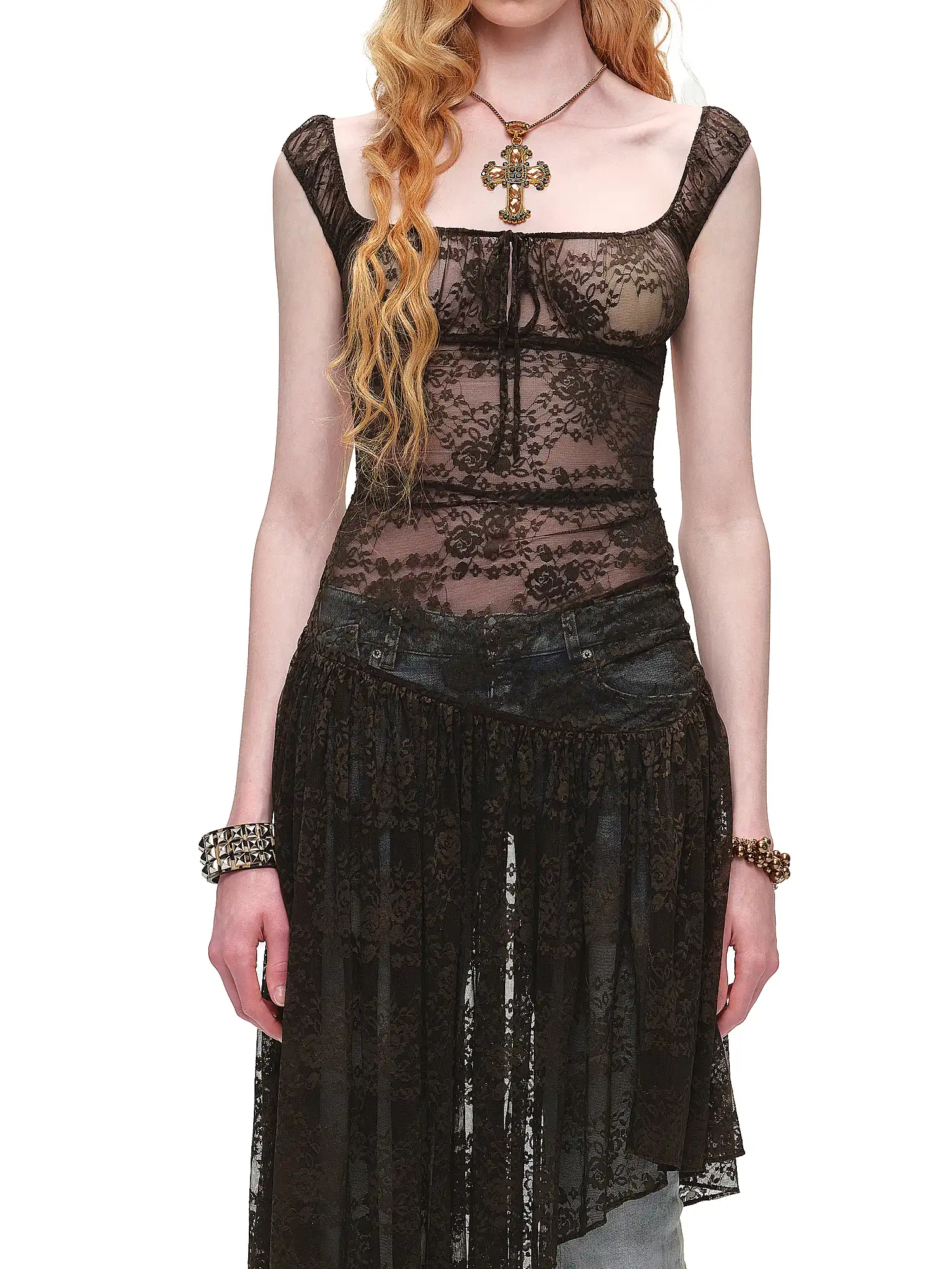 Semi-Sheer Open Back Stretch Lace Dress - Image 2