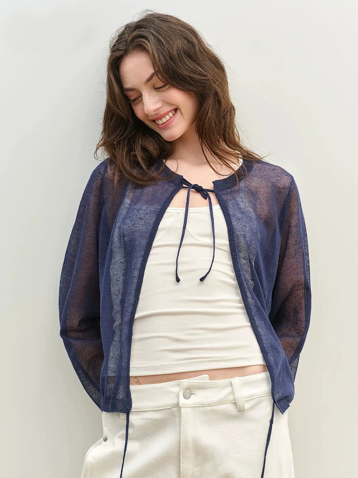 Sheer Open Knit Tie Front Cardigan