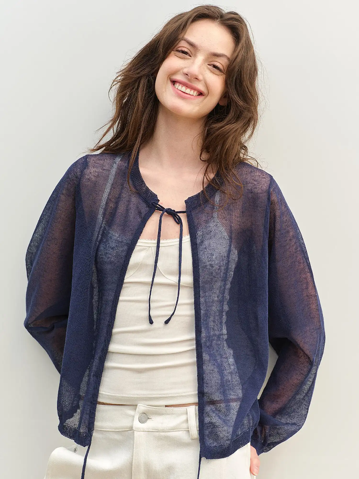 Sheer Open Knit Tie Front Cardigan - Image 3