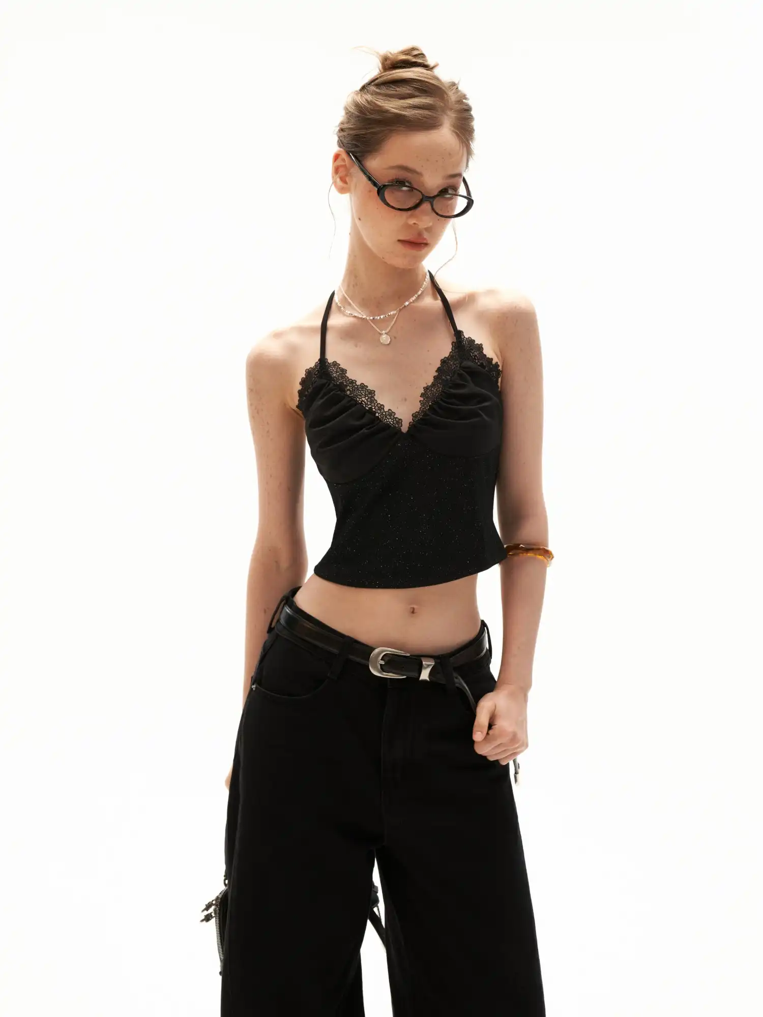 Shimmer Lace Trim Halter Crop Top - Image 3