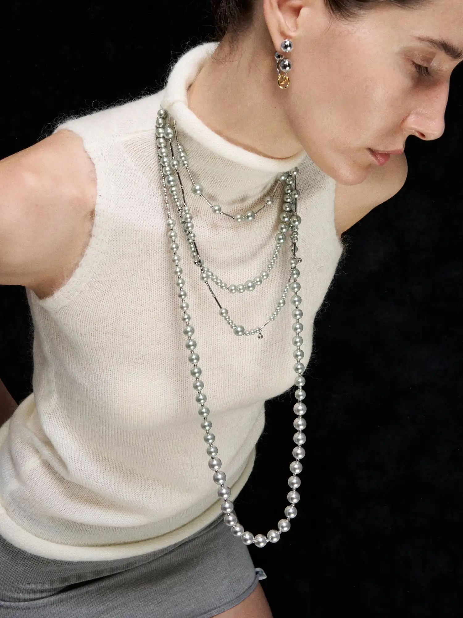 Simple Silver Pearl Long Necklace - Image 3
