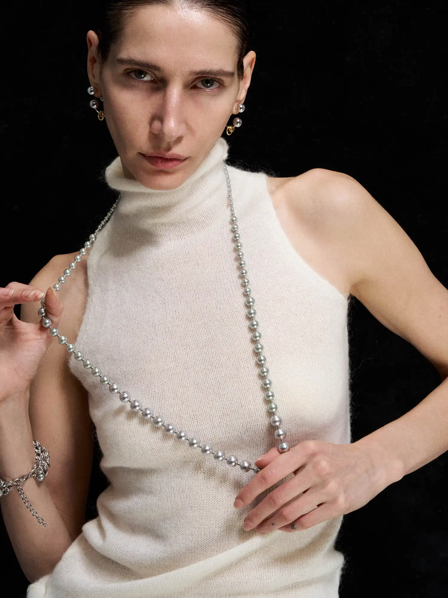 Simple Silver Pearl Long Necklace - Image 4