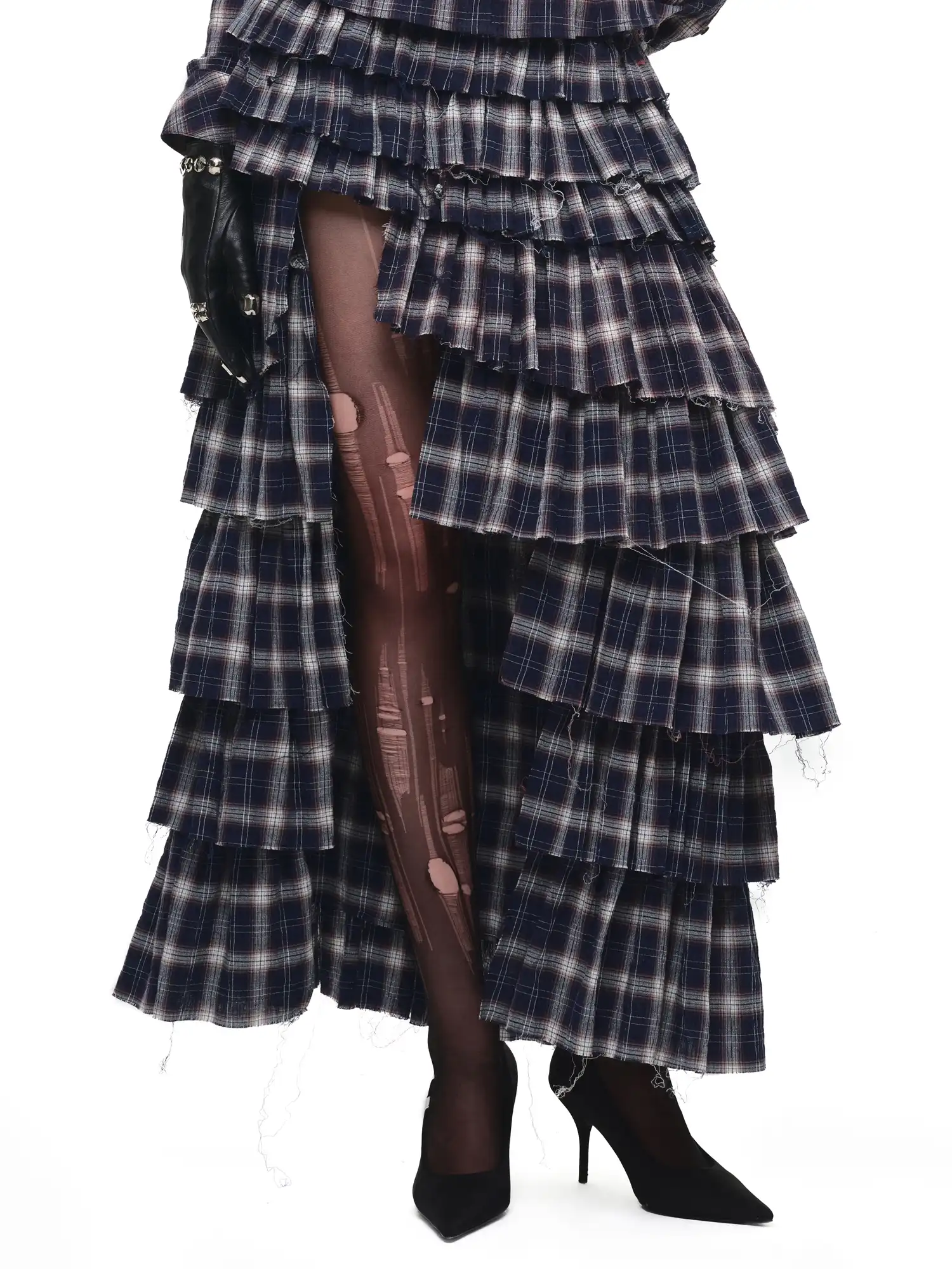 Slit Plaid Tiered Ruffle Maxi Skirt