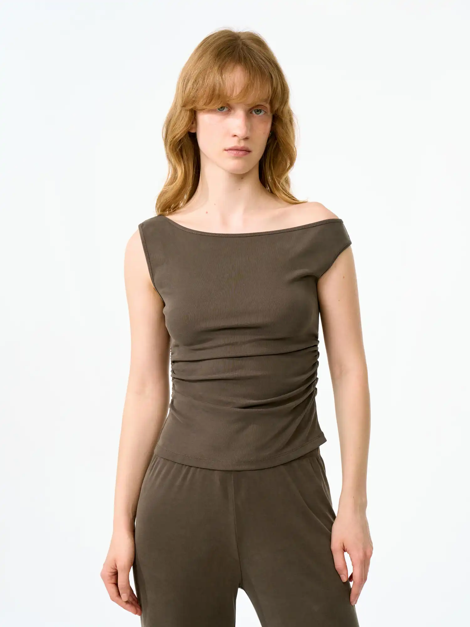 Solid Off Shoulder Ruched Crop Asymmetrical Top
