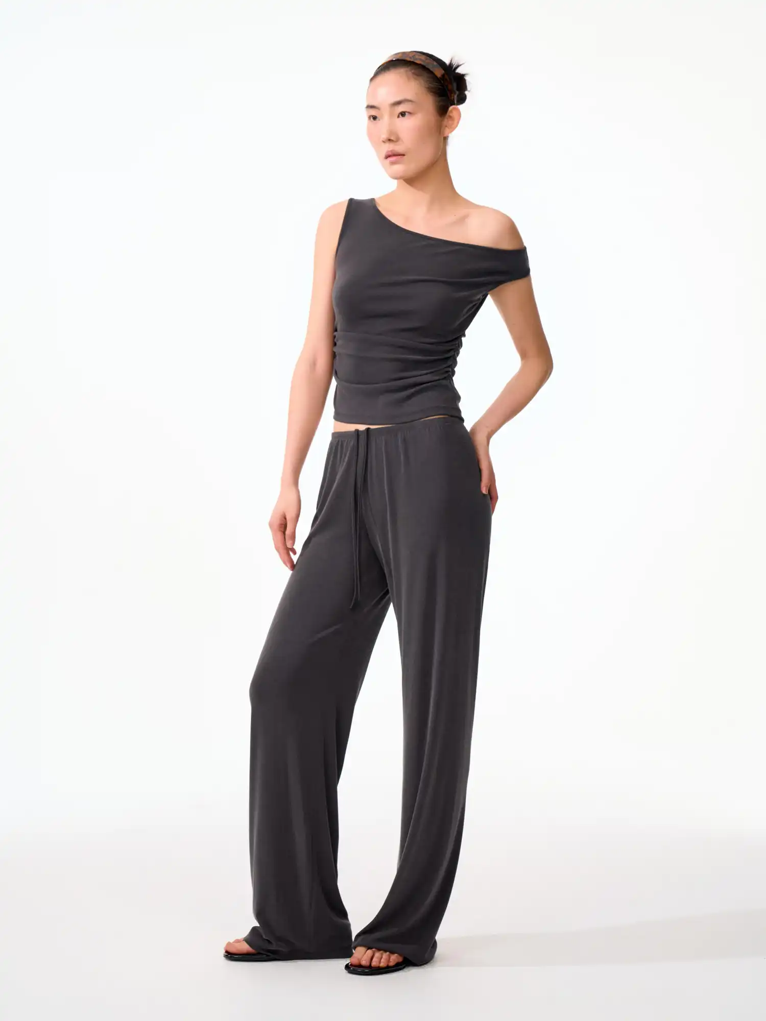 Solid Off Shoulder Ruched Crop Asymmetrical Top - Image 10