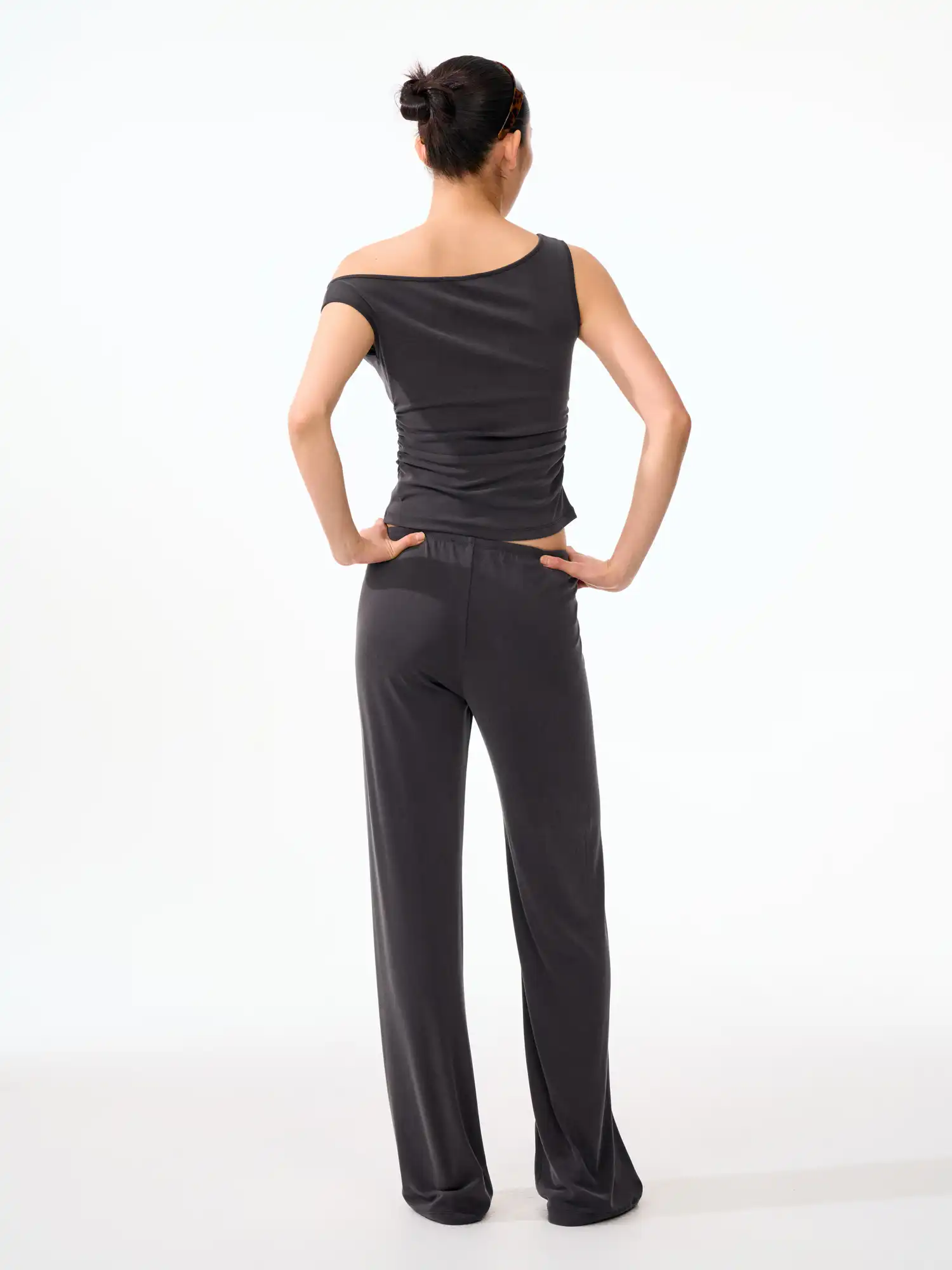 Solid Off Shoulder Ruched Crop Asymmetrical Top - Image 11