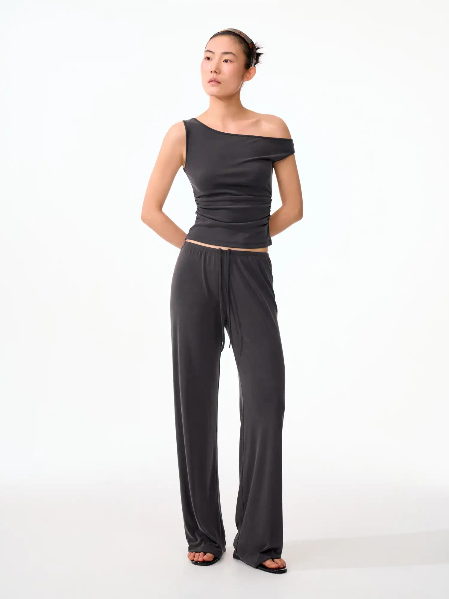 Solid Off Shoulder Ruched Crop Asymmetrical Top - Image 12