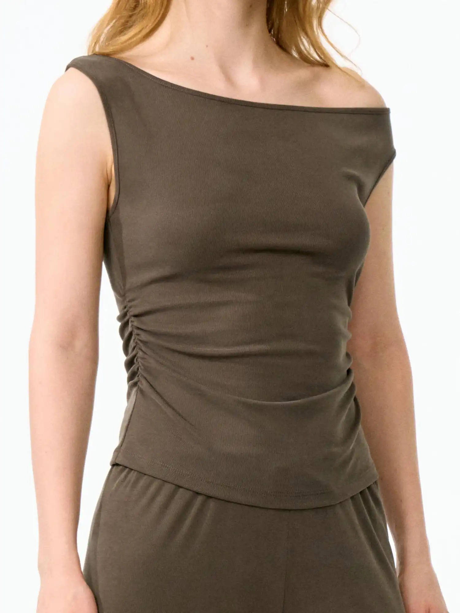 Solid Off Shoulder Ruched Crop Asymmetrical Top - Image 2