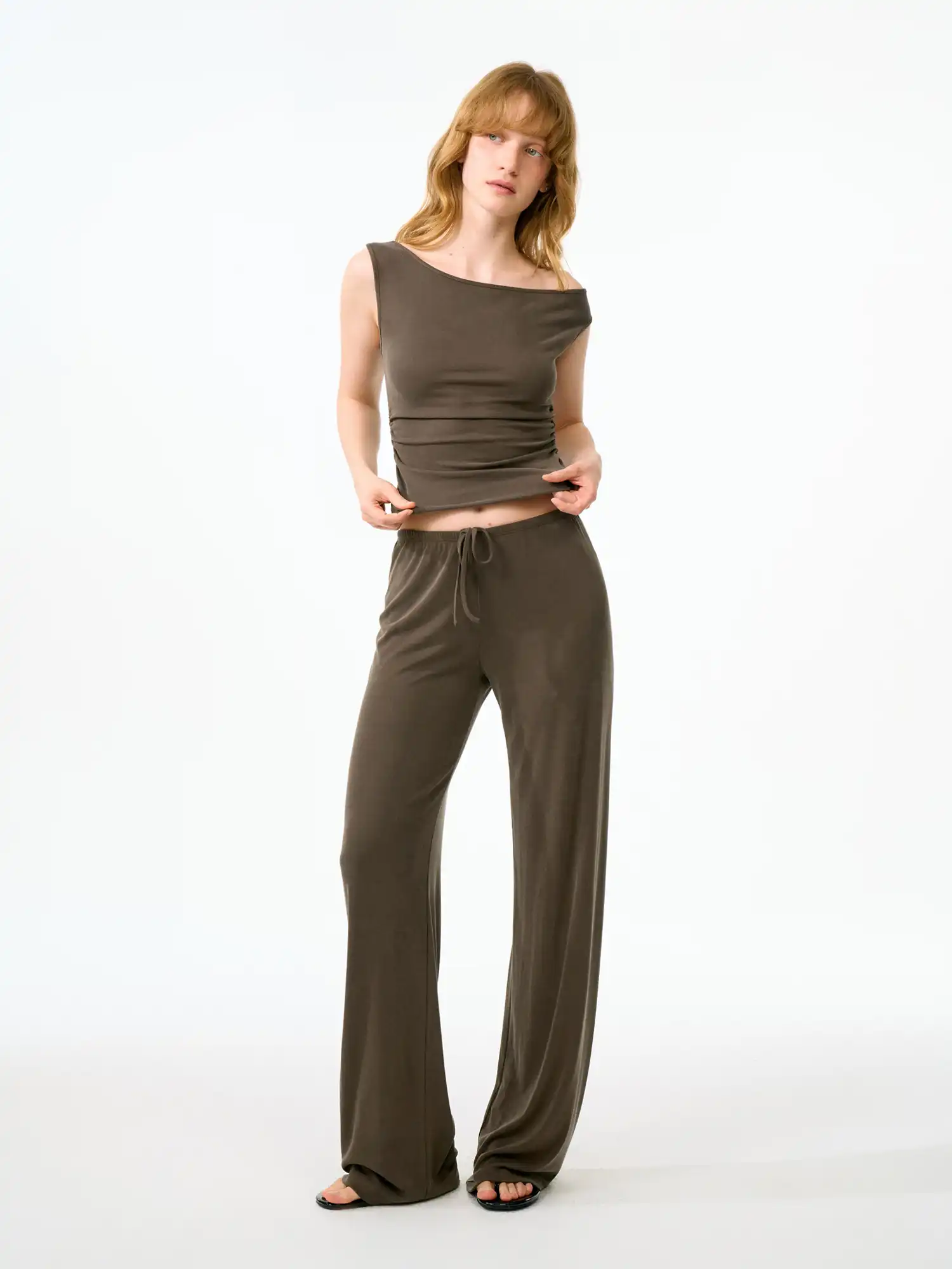 Solid Off Shoulder Ruched Crop Asymmetrical Top - Image 6