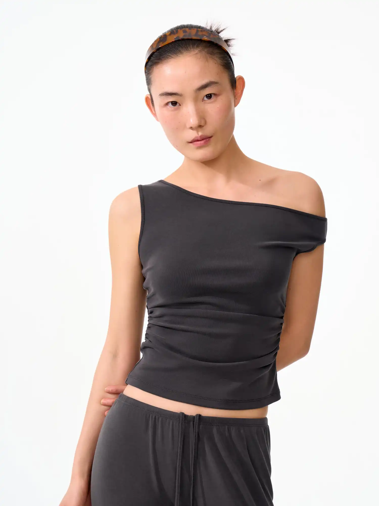 Solid Off Shoulder Ruched Crop Asymmetrical Top - Image 7