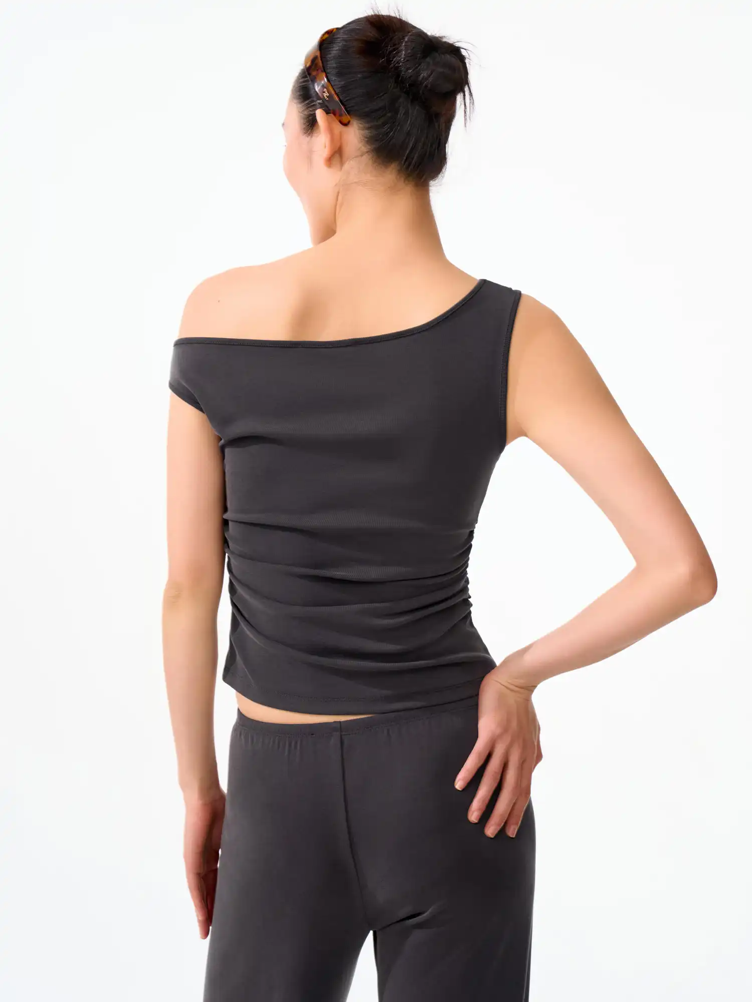 Solid Off Shoulder Ruched Crop Asymmetrical Top - Image 8