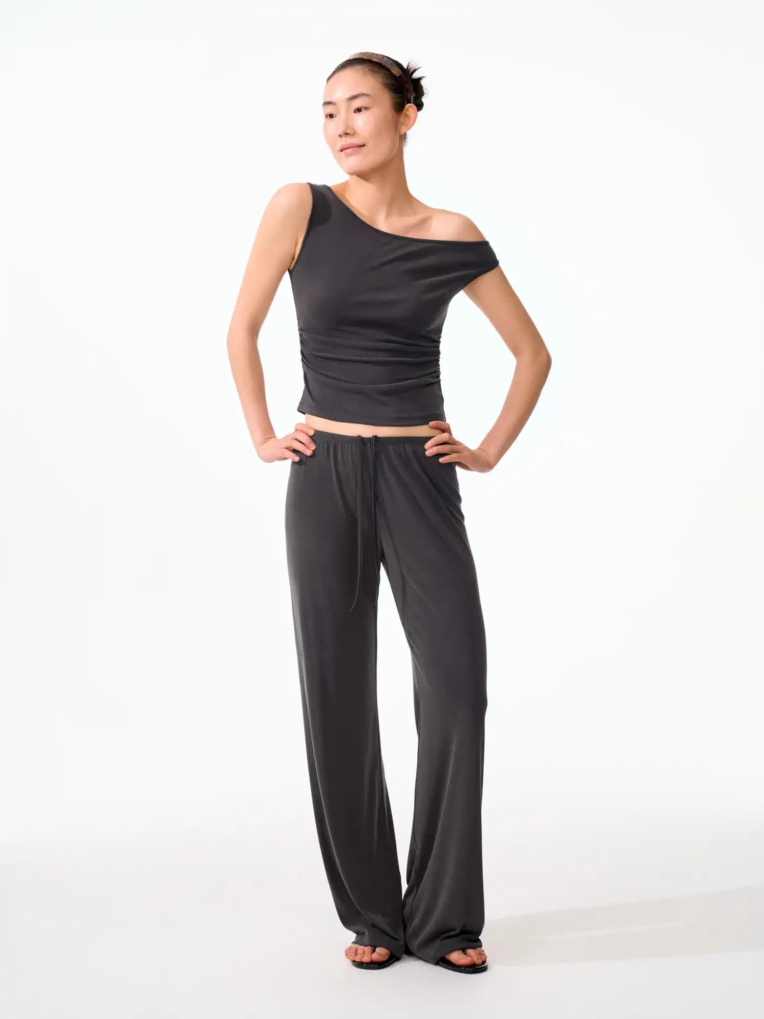 Solid Off Shoulder Ruched Crop Asymmetrical Top - Image 9