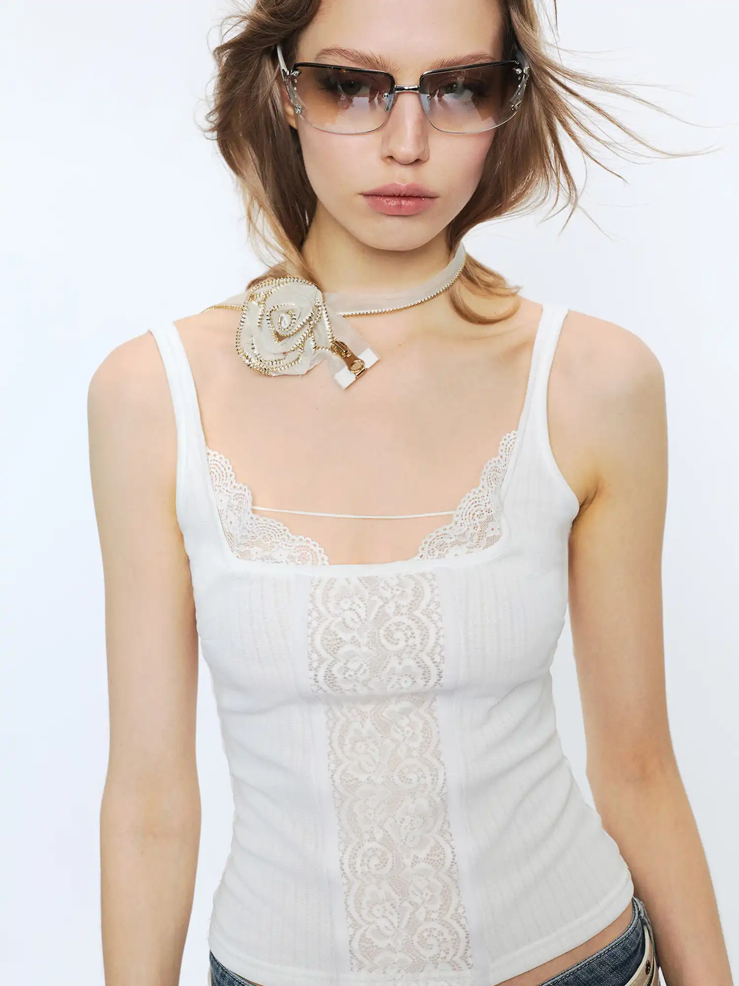 Strap Detail Slightly Lace Sheer Mesh Y2K Tank Top - Image 7
