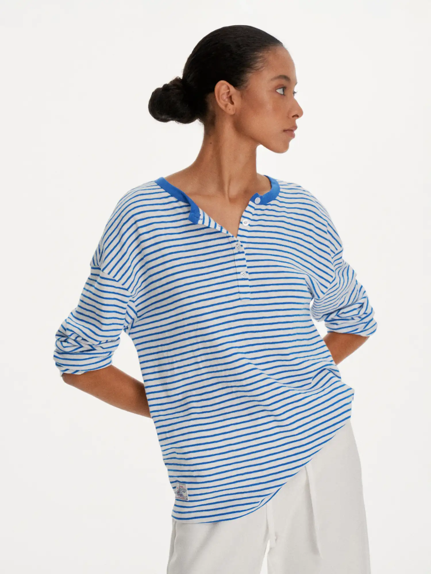 Striped Linen Feel Henley Long Sleeve Oversized Top