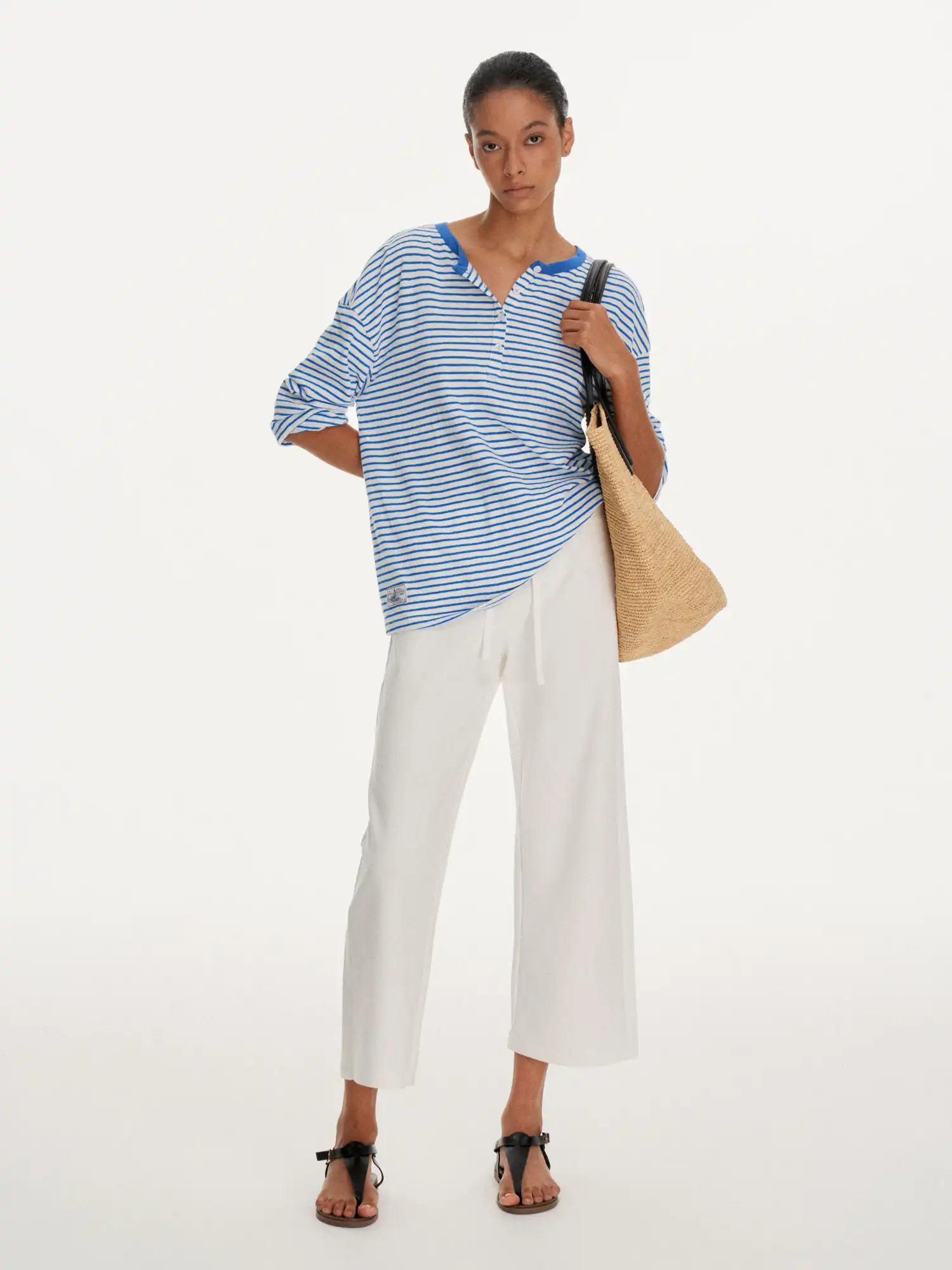 Striped Linen Feel Henley Long Sleeve Oversized Top - Image 2