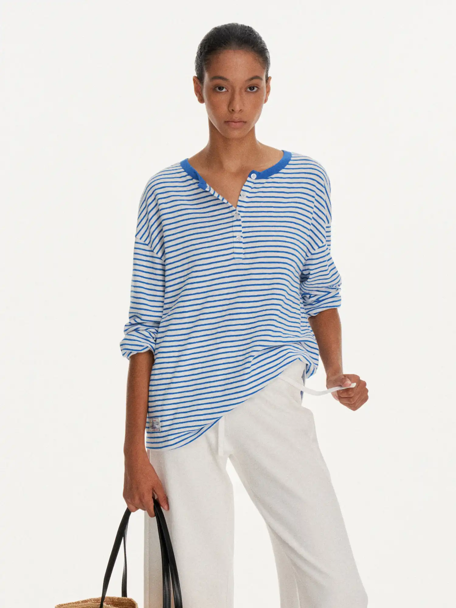 Striped Linen Feel Henley Long Sleeve Oversized Top - Image 3