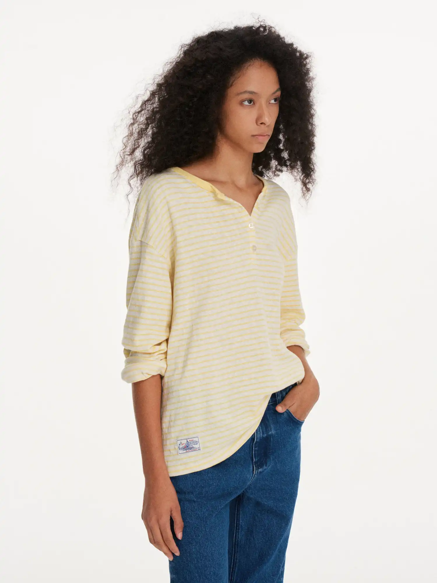 Striped Linen Feel Henley Long Sleeve Oversized Top - Image 4