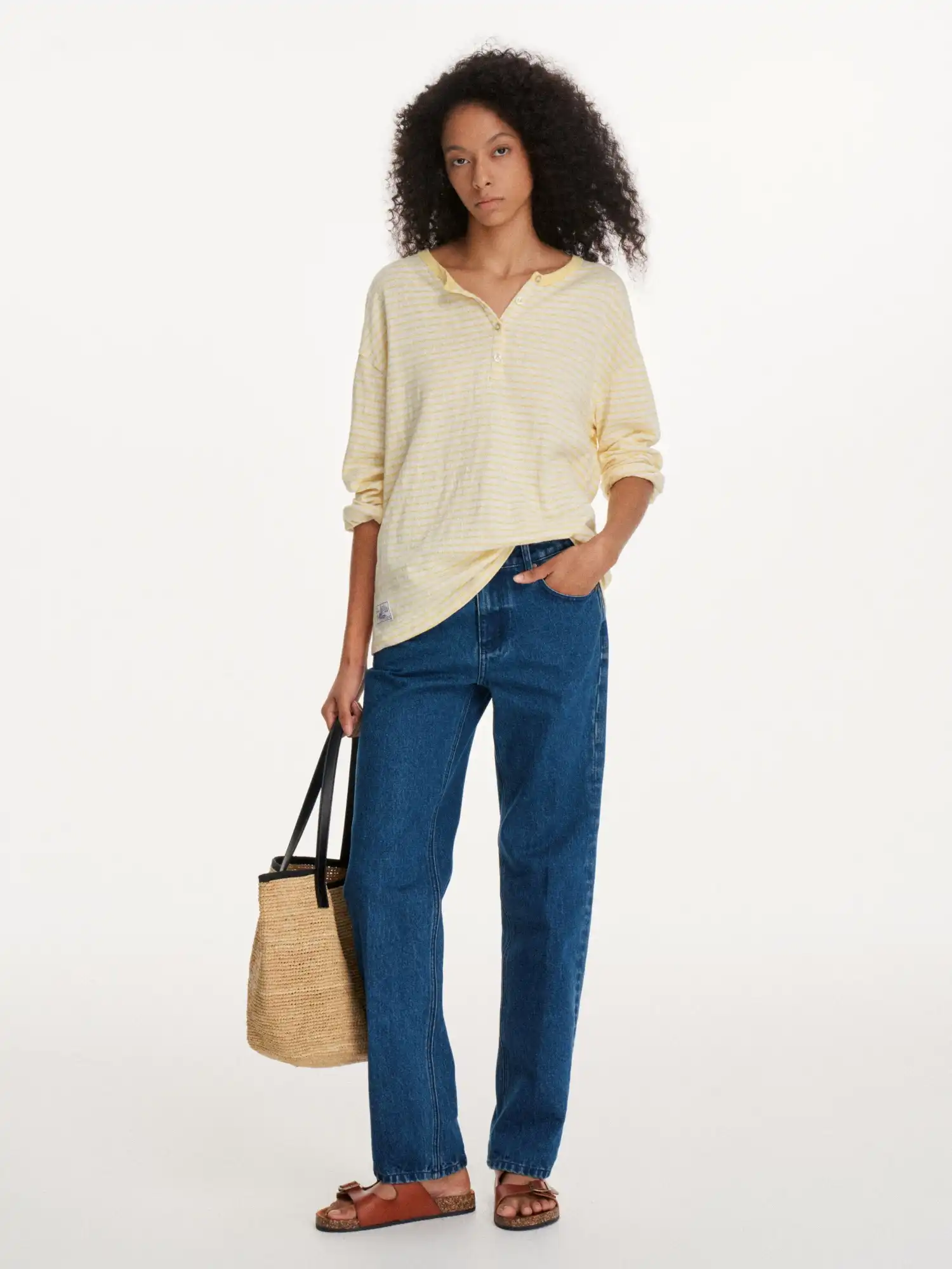 Striped Linen Feel Henley Long Sleeve Oversized Top - Image 5