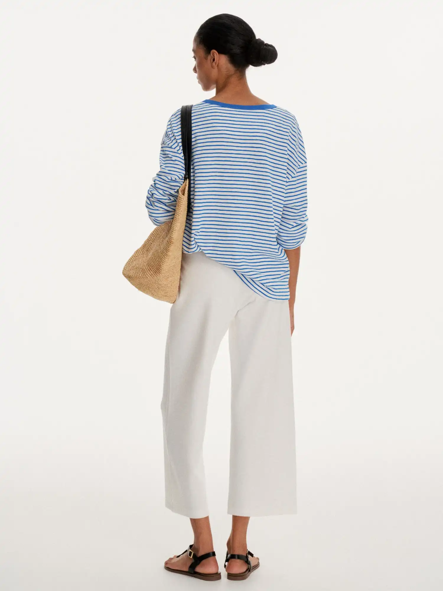 Striped Linen Feel Henley Long Sleeve Oversized Top - Image 6