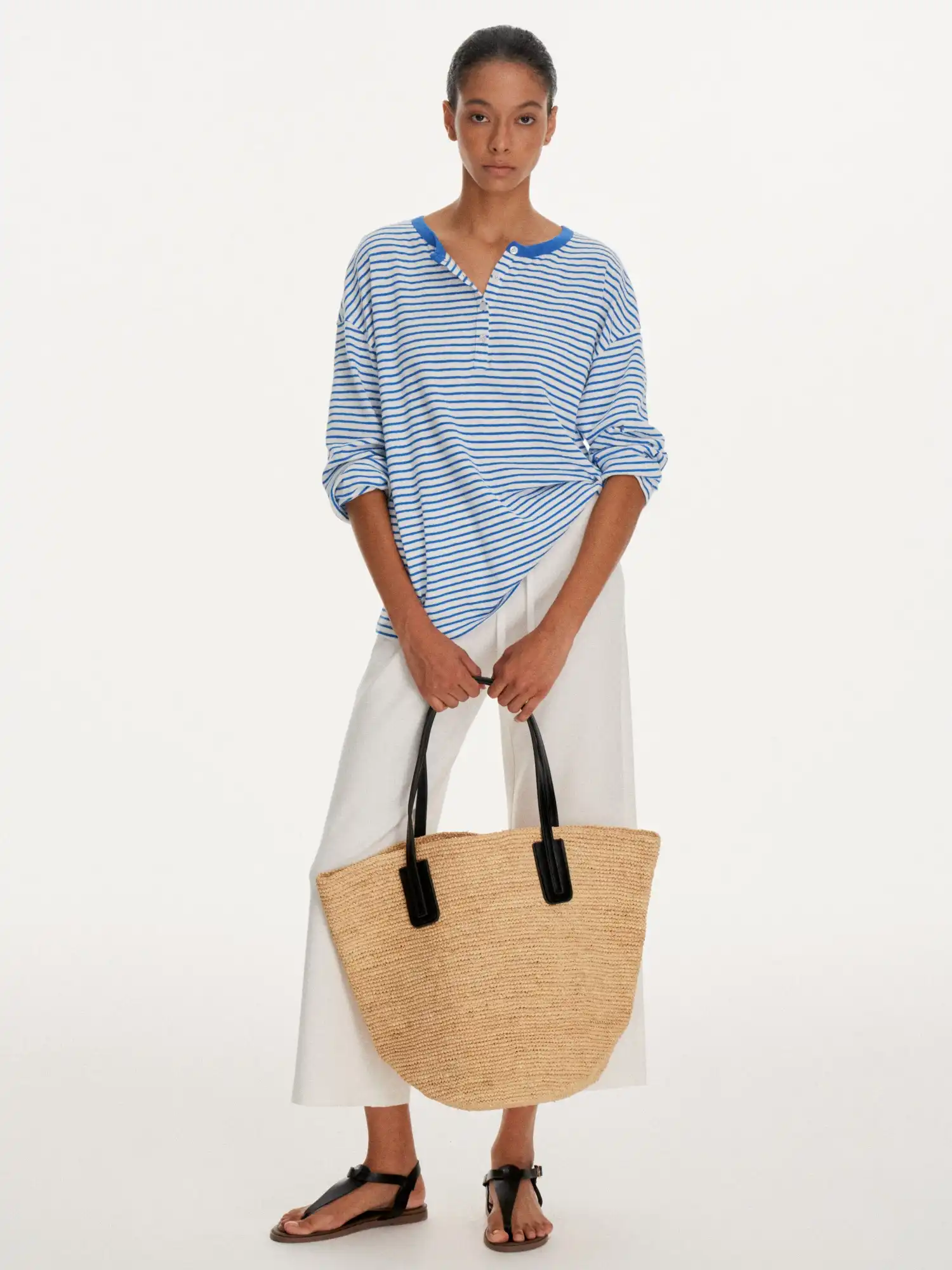 Striped Linen Feel Henley Long Sleeve Oversized Top - Image 7