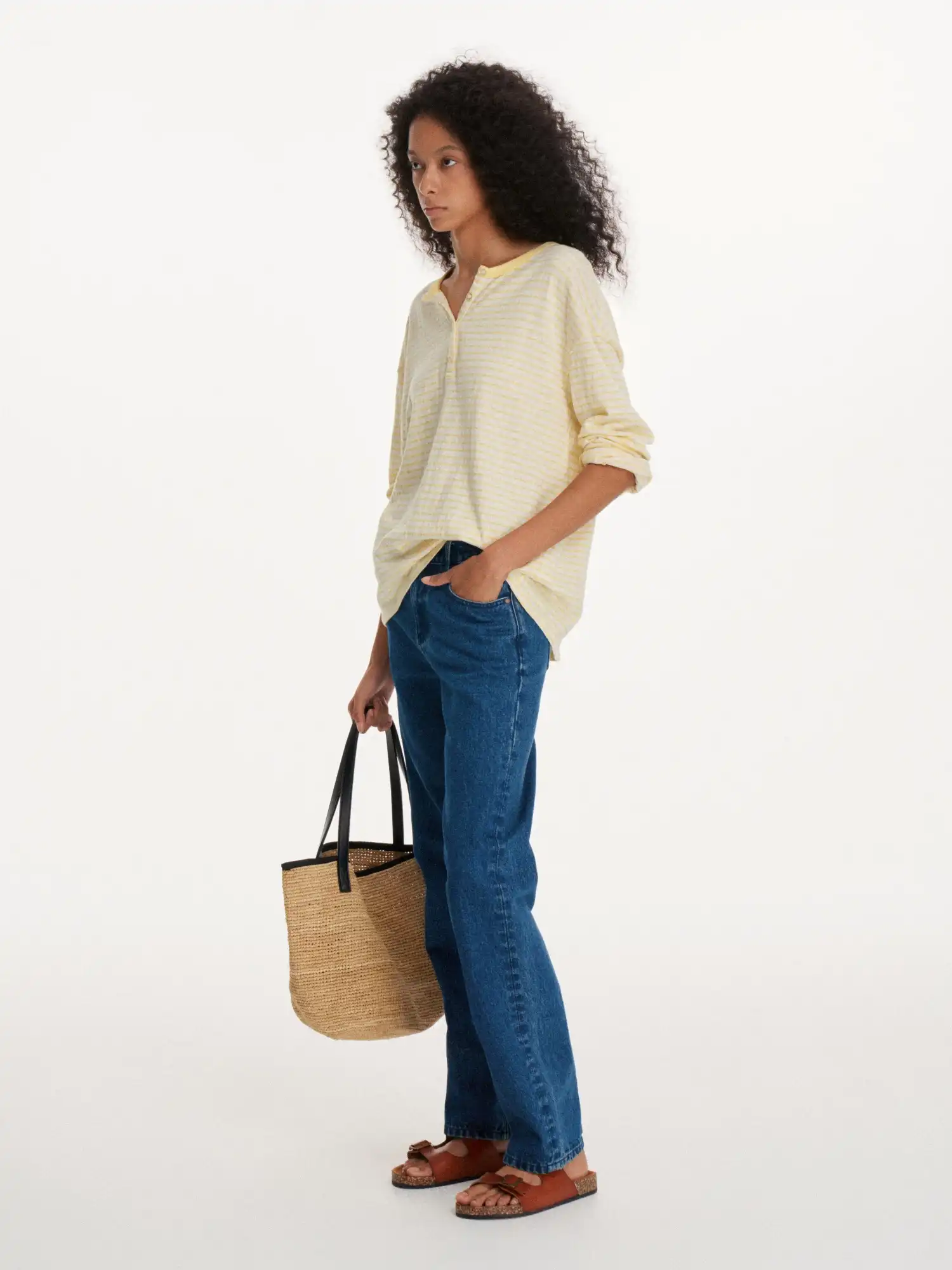 Striped Linen Feel Henley Long Sleeve Oversized Top - Image 8
