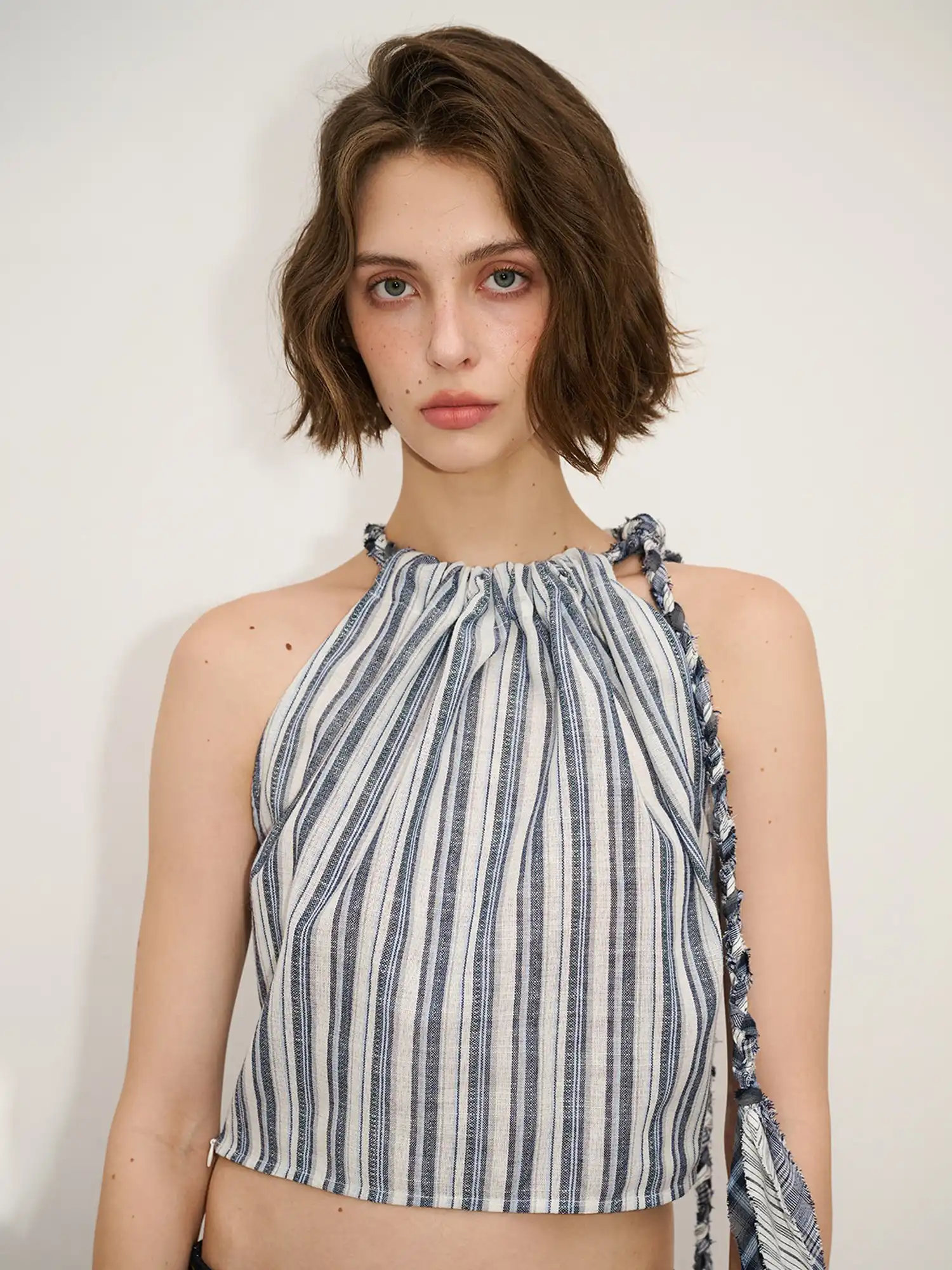 Striped Linen Halter Crop Top