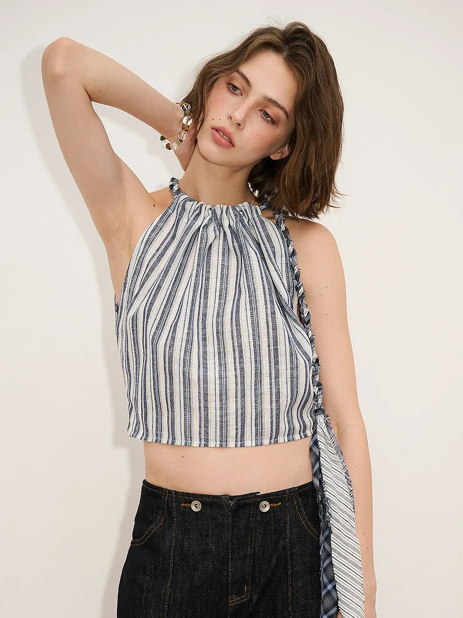 Striped Linen Halter Crop Top - Image 2