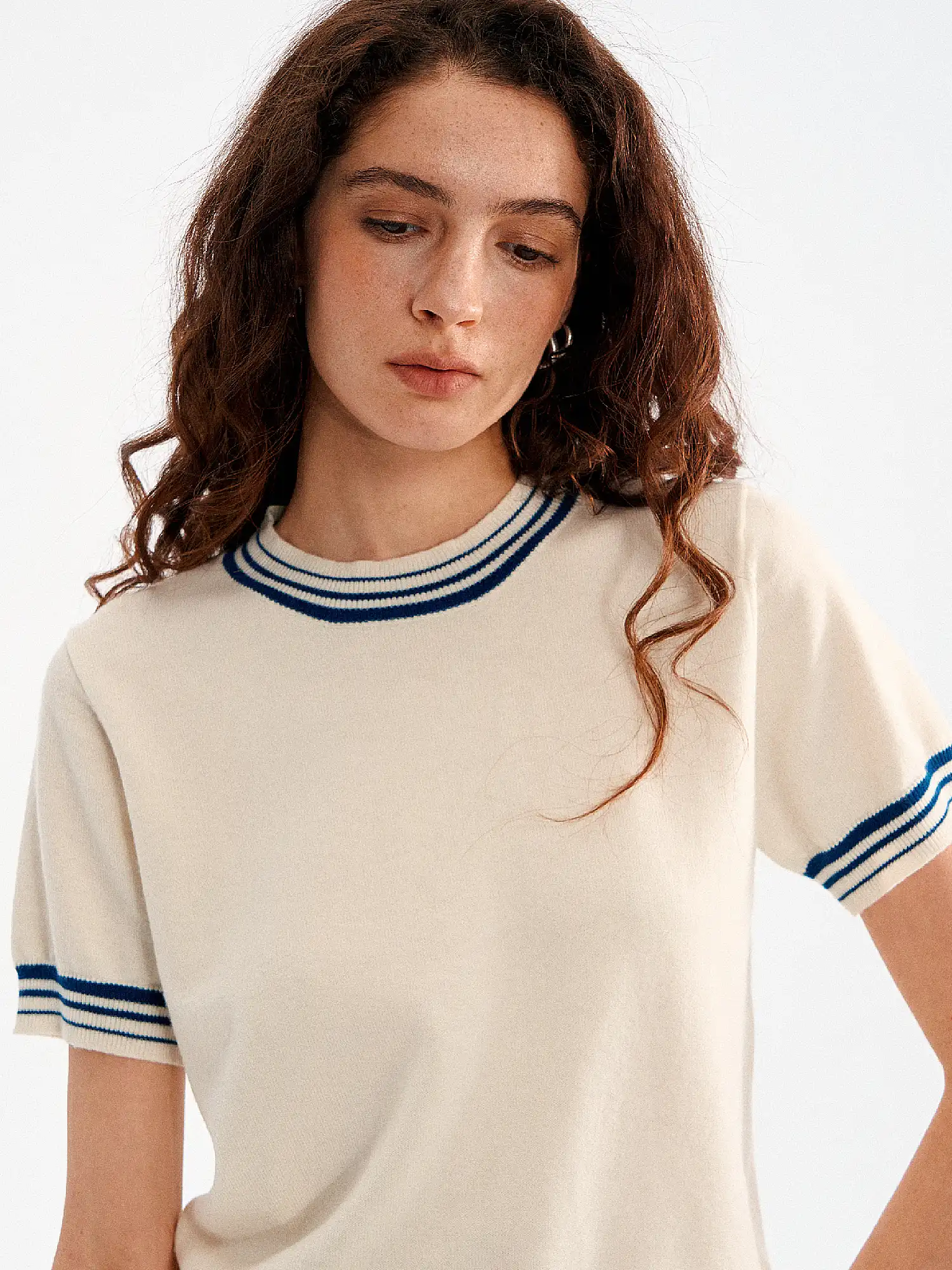 Striped Ribbed Trim Ribbed Knit Top - Image 2