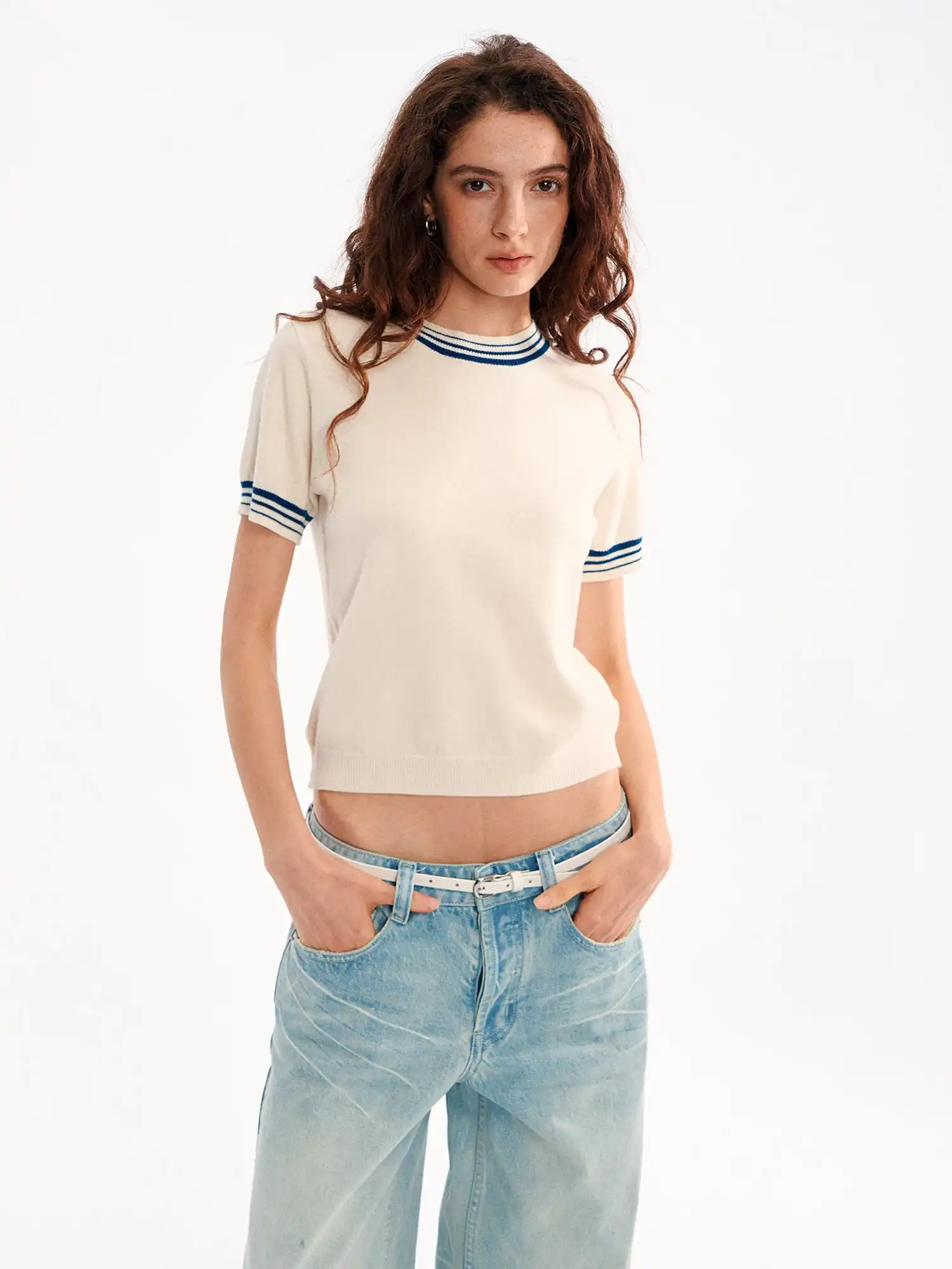 Striped Ribbed Trim Ribbed Knit Top - Image 4