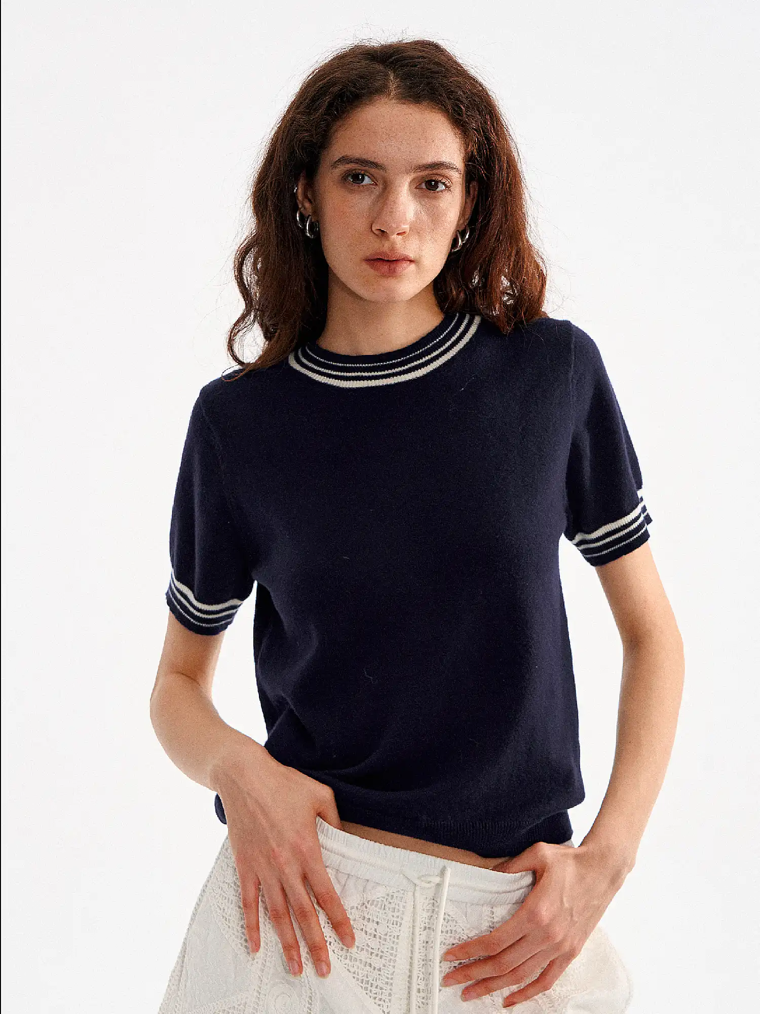 Striped Ribbed Trim Ribbed Knit Top - Image 7