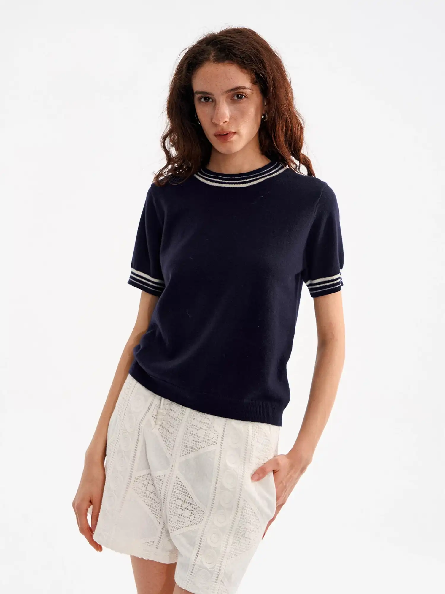 Striped Ribbed Trim Ribbed Knit Top - Image 9