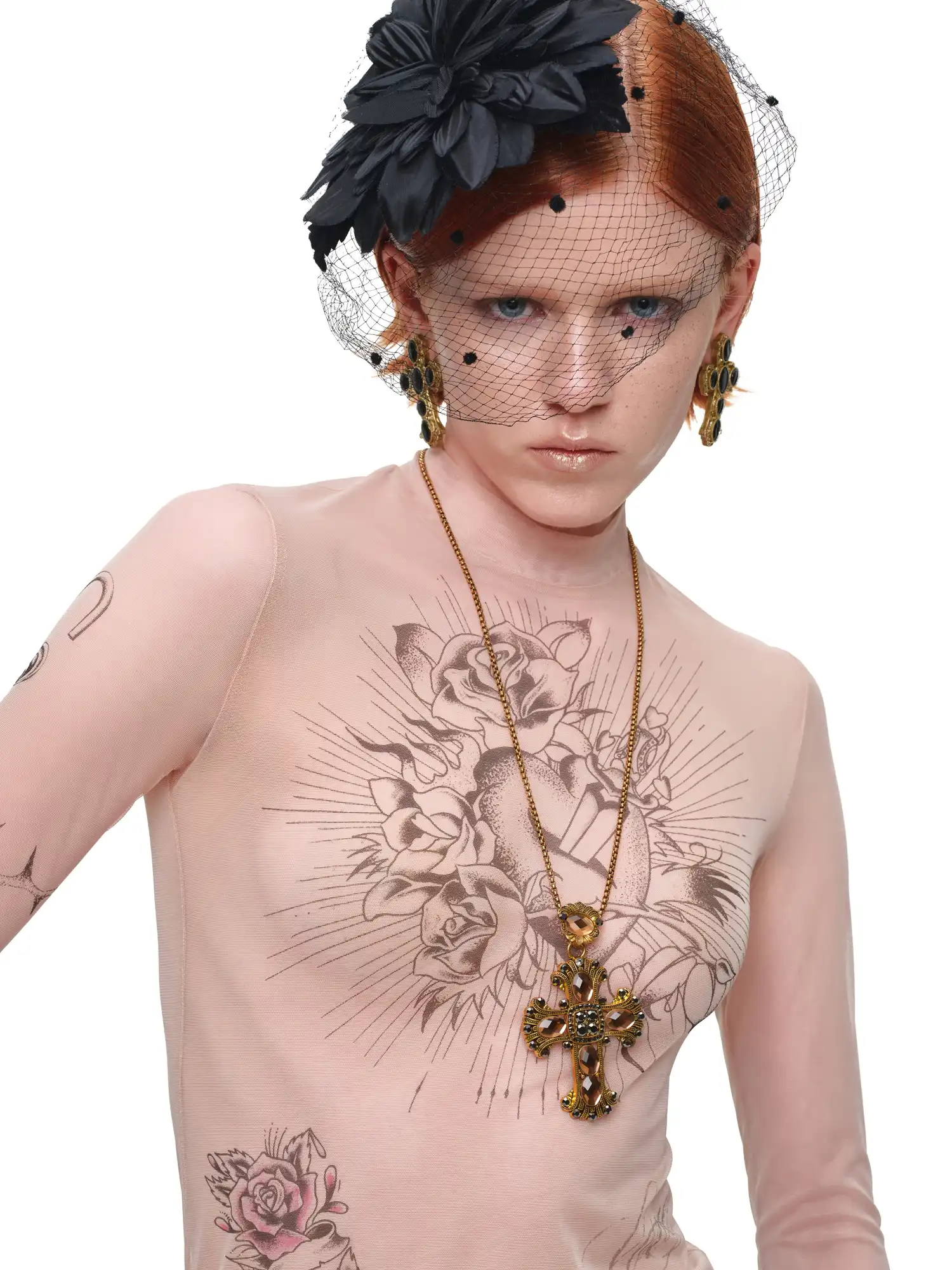 Tattoo-Print Sheer Mesh High Neck Top - Image 3