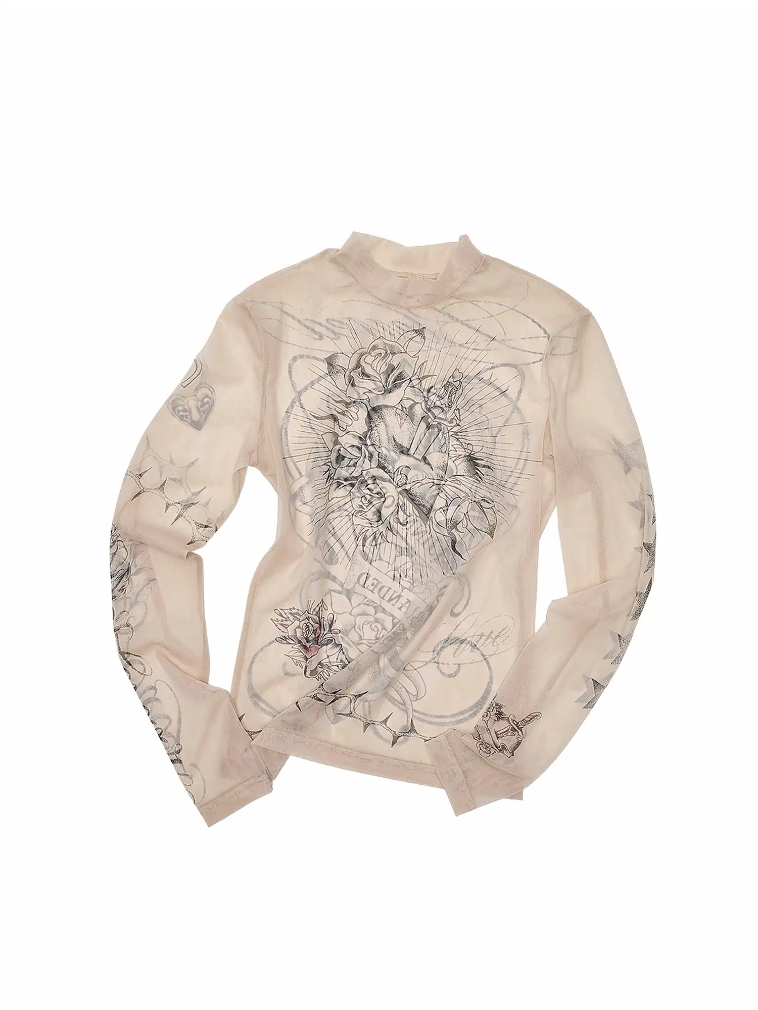 Tattoo-Print Sheer Mesh High Neck Top - Image 4