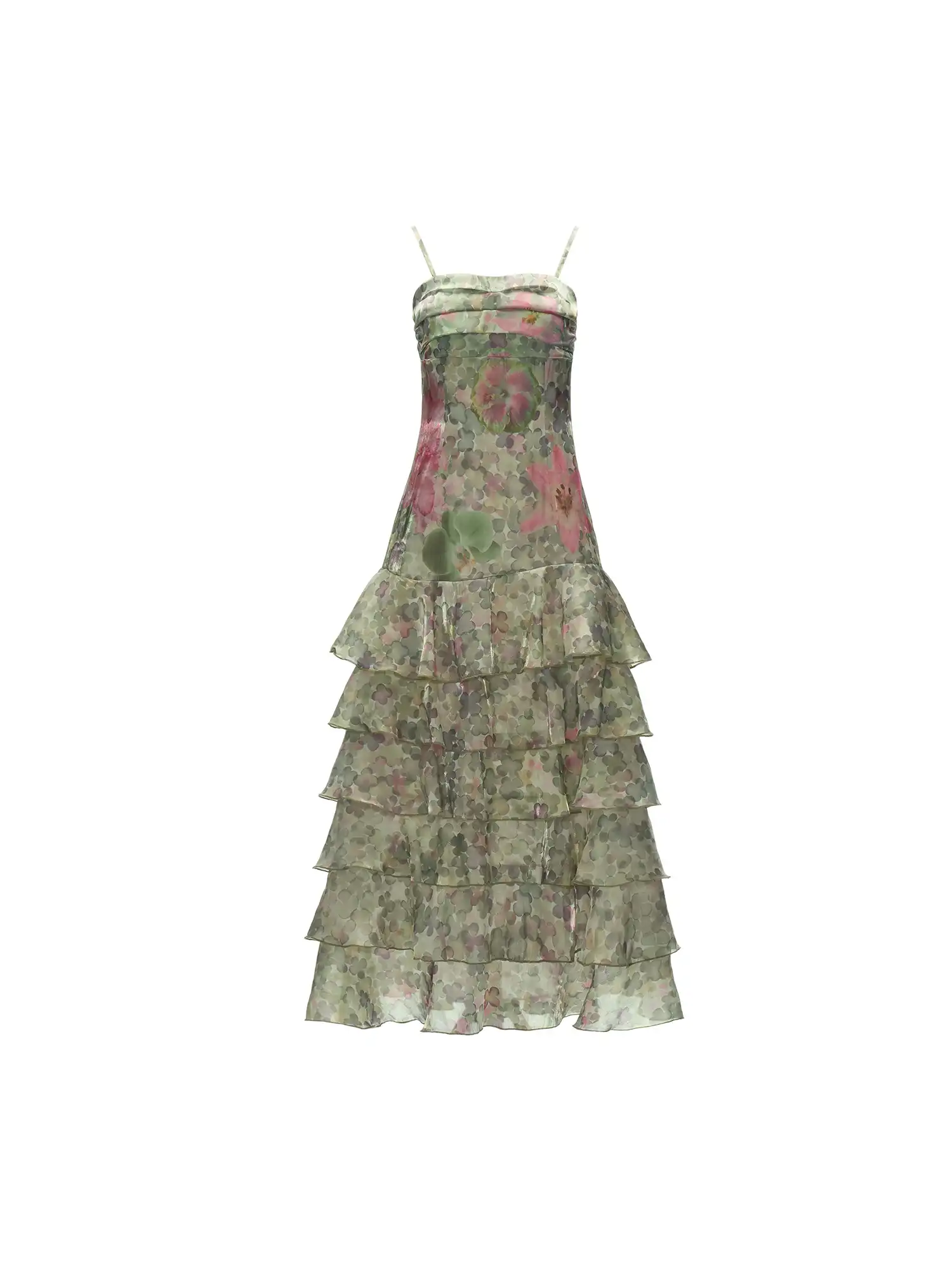 Tiered Ruffle Green Watercolor Floral Maxi Dress - Image 4