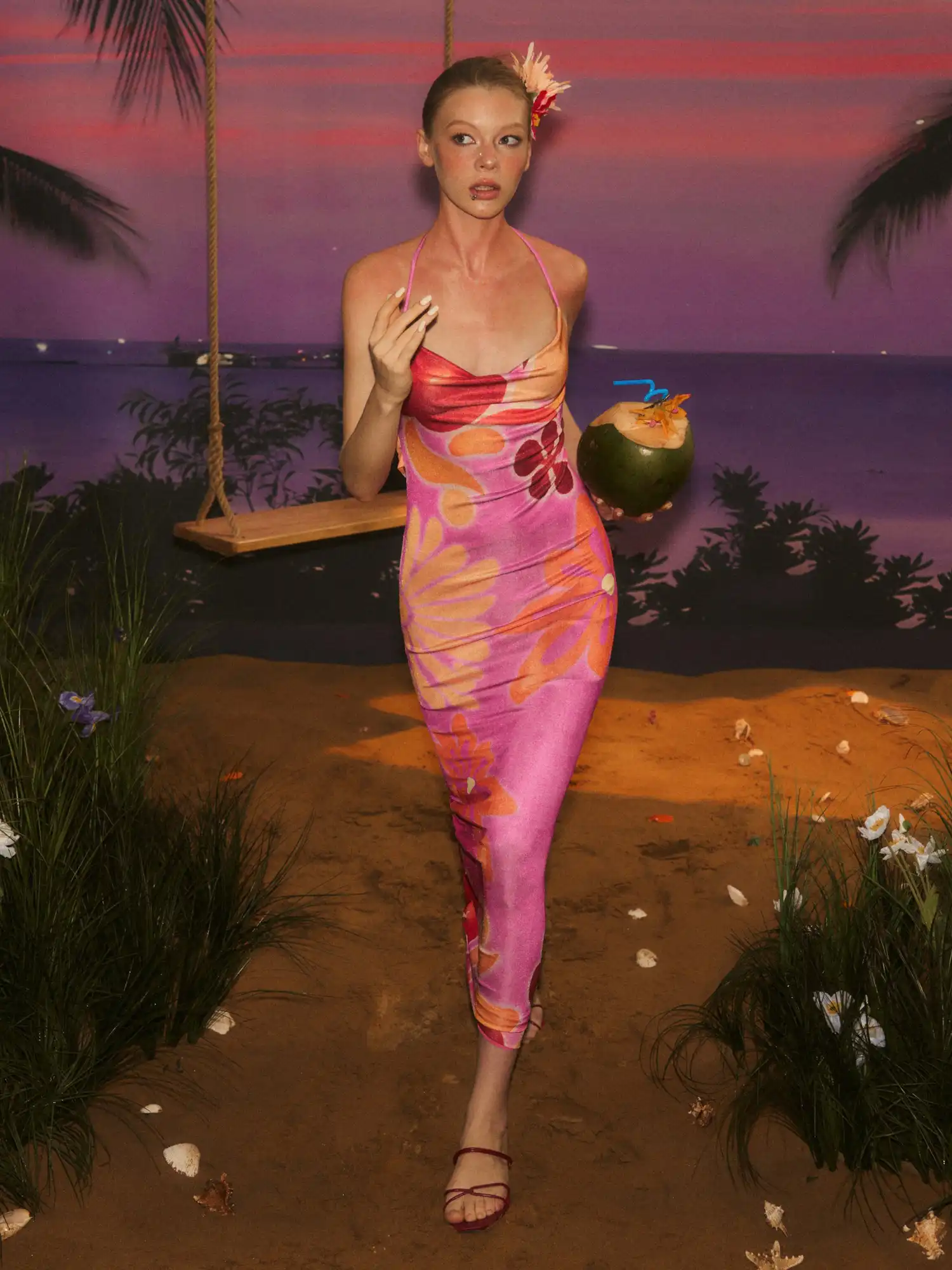 Tropical Floral Cowl Neck Dress - Image 3