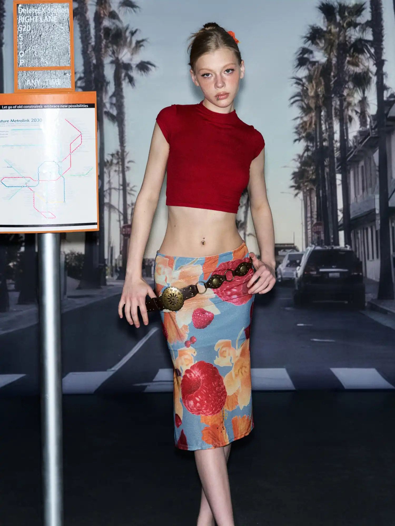 Tropical Fruit Print Side Slit Midi Skirt - Image 4