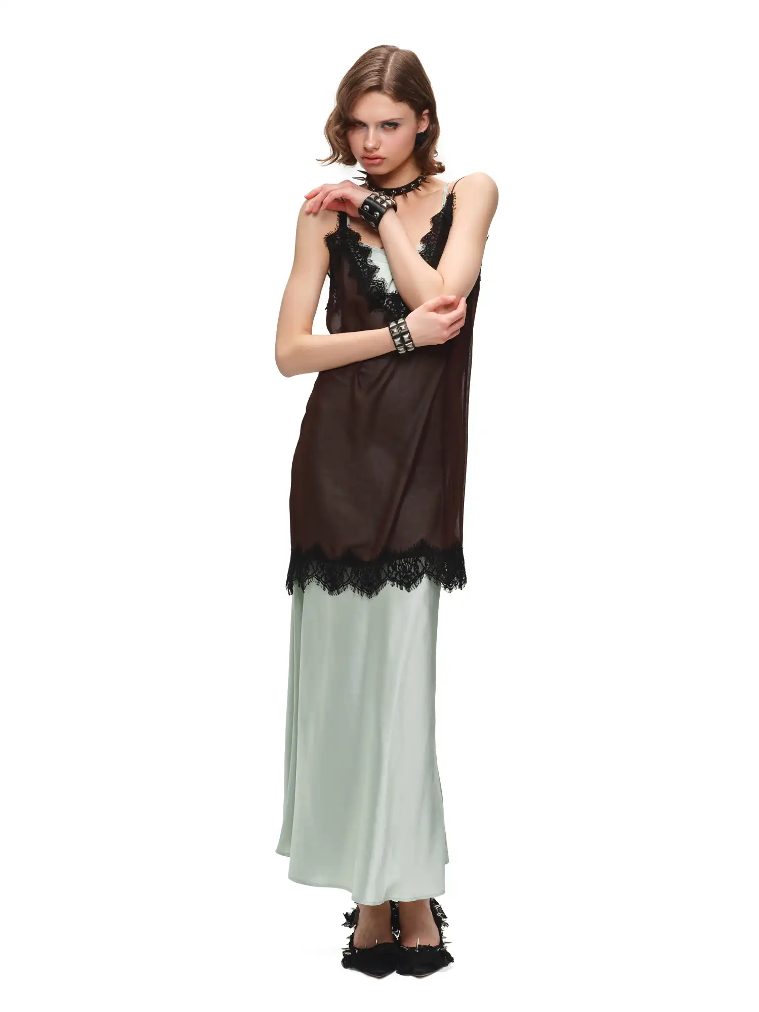Two Piece Lace Trim Satin Midi Slip Dress - Image 10