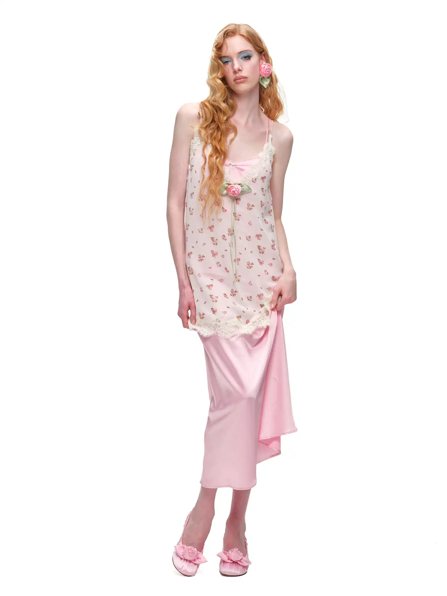 Two Piece Lace Trim Satin Midi Slip Dress - Image 5