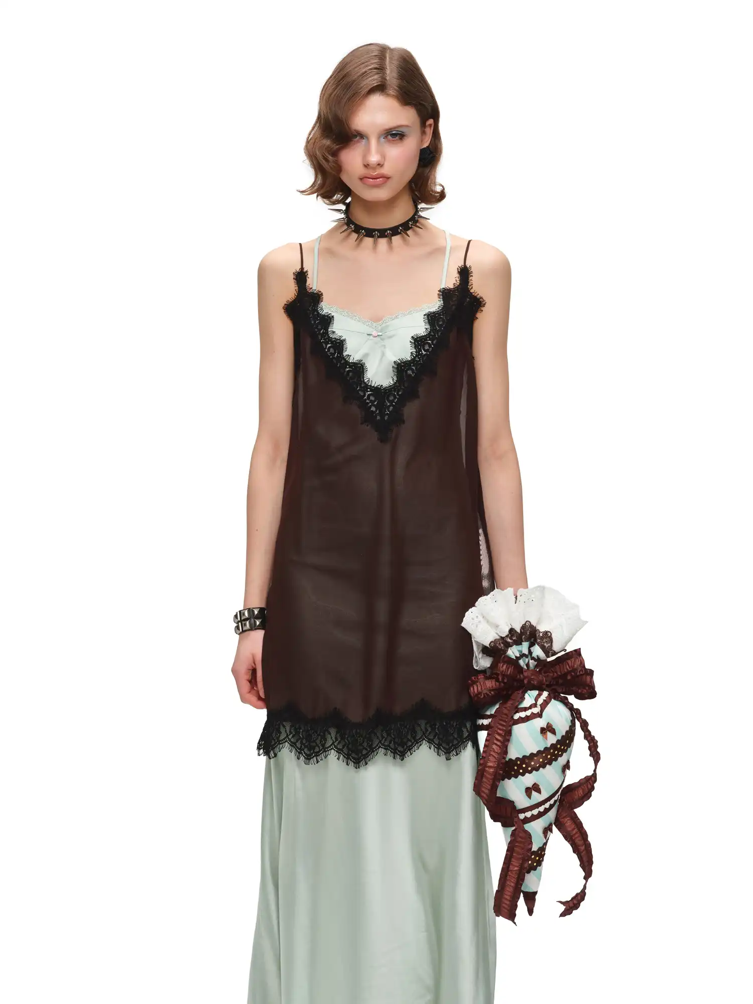 Two Piece Lace Trim Satin Midi Slip Dress - Image 7
