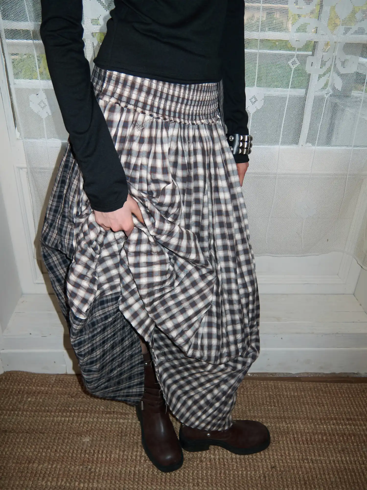 Vintage Deconstructed Plaid Panel Ruffle Maxi Skirt